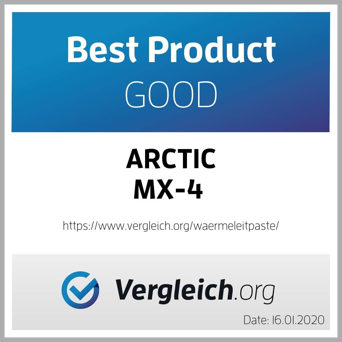 Communicates that the product (ARCTIC MX-4) has been recognized as 'Best Product' with a 'GOOD' rating by Vergleich.org, a comparison/review website, to build credibility and trust with shoppers…