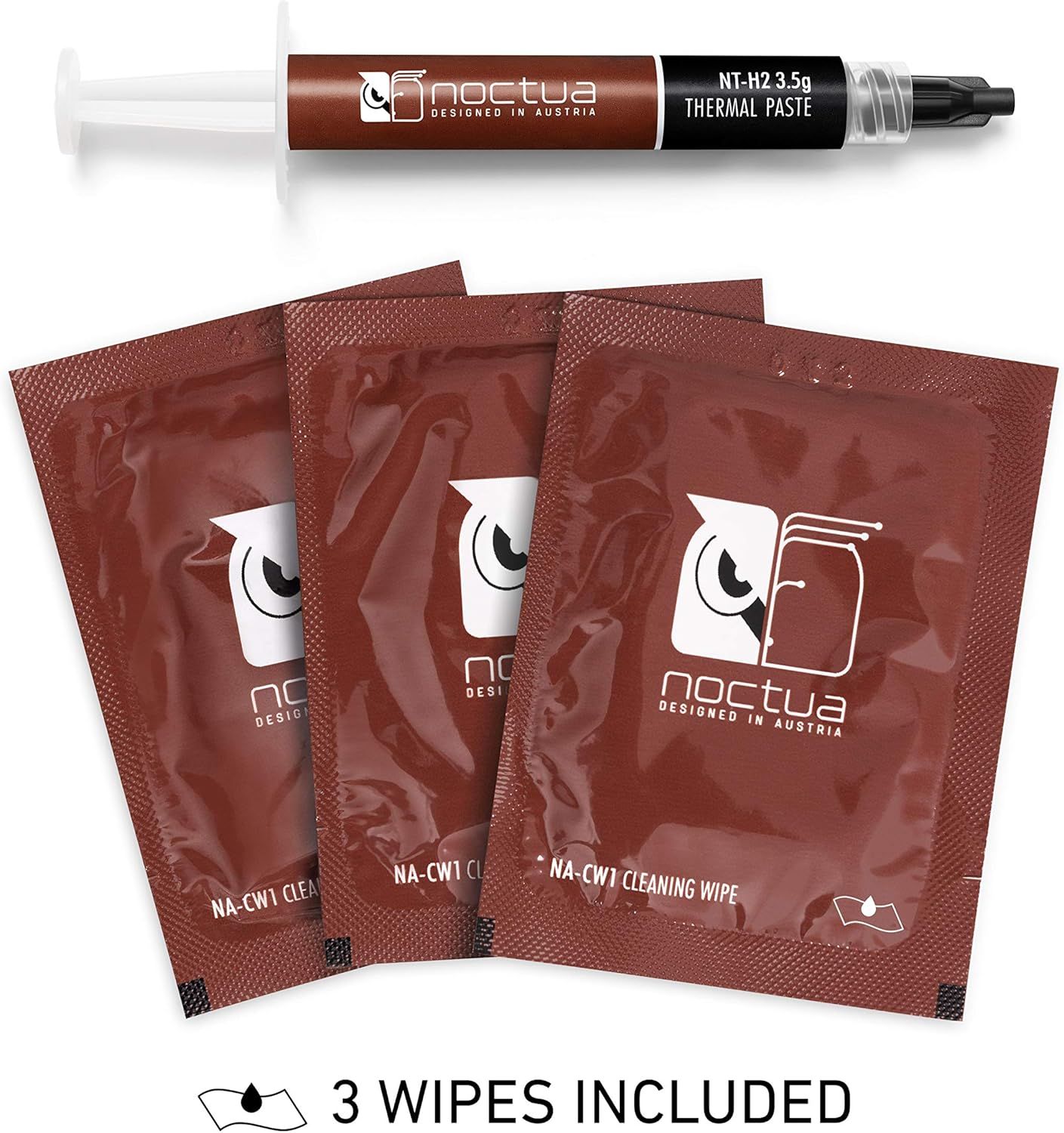 Shows the customer exactly what they receive in the package: one syringe of NT-H2 3.5g thermal paste and three NA-CW1 cleaning wipes, reassuring them of the…