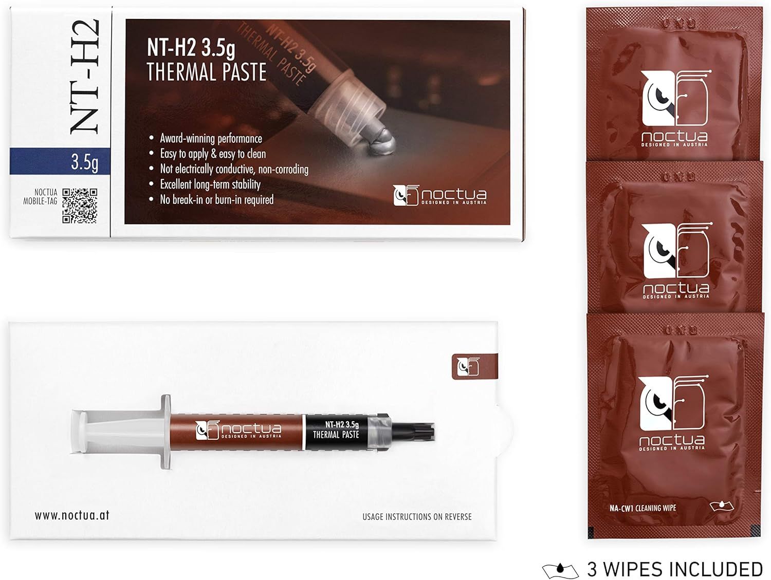 Shows the customer everything included in the package: the NT-H2 3.5g thermal paste syringe and 3 cleaning wipes, helping shoppers understand the complete…