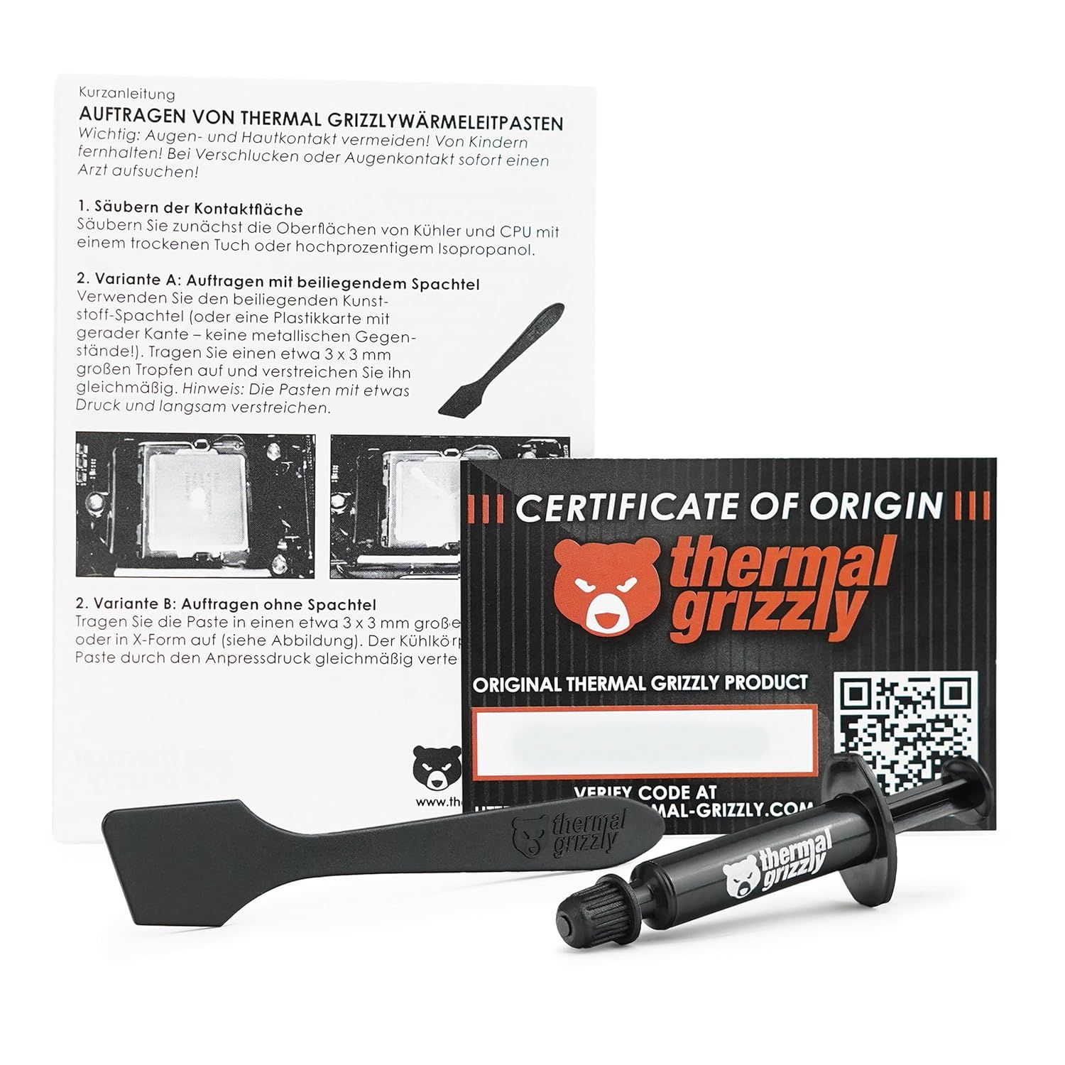 Shows everything included in the package—thermal paste tube, application spatula, certificate of origin, and instructions—to reassure buyers they have all necessary components for installation.…