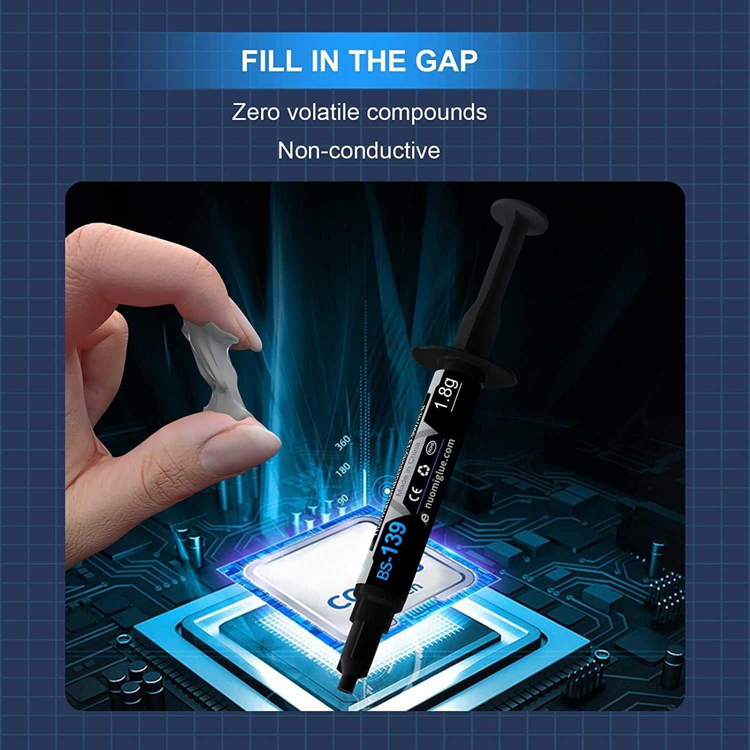 Communicates that the thermal compound is safe for electronics, highlighting its non-conductive and zero VOC properties to reassure buyers about product…