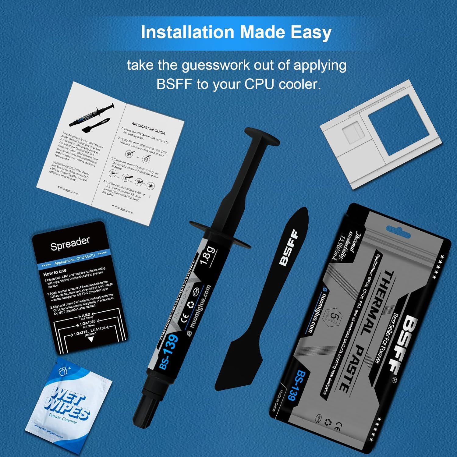 Shows all the items included in the package (thermal paste, spreader, application guide, wet wipes, and installation frames) to reassure shoppers they have…