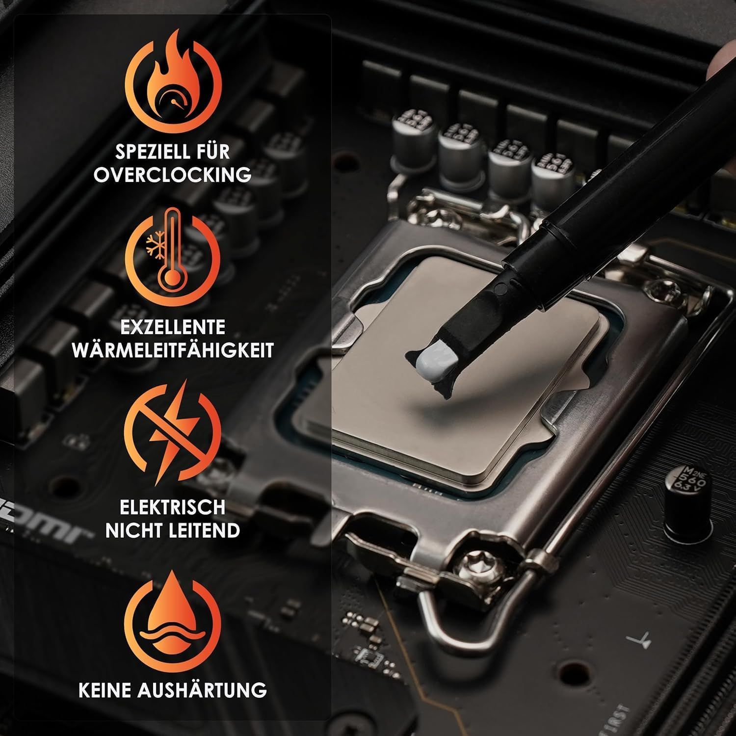 Communicates four distinct technical benefits of the thermal paste product: optimized for overclocking, excellent heat transfer, electrically non-conductive…