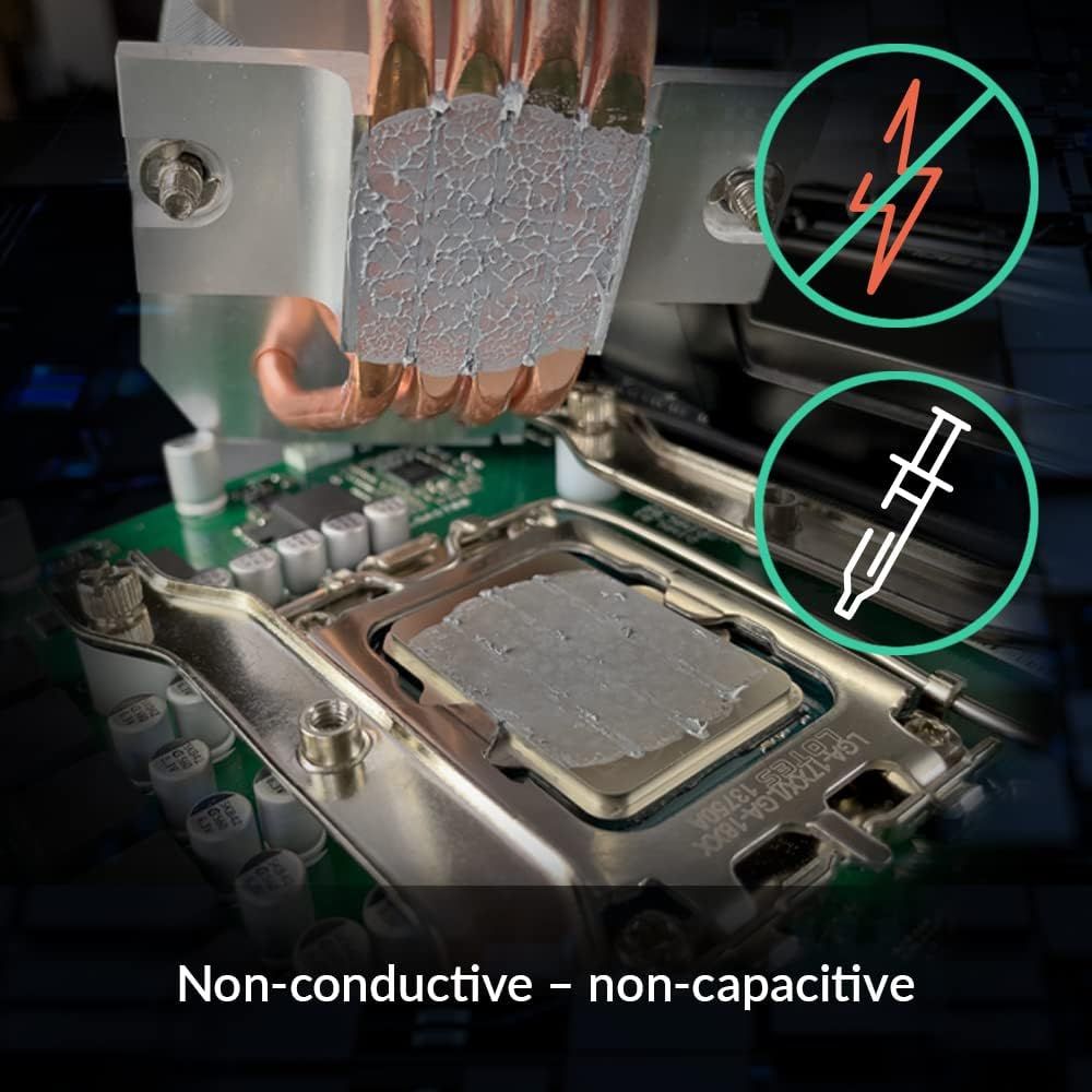 Communicates that the thermal paste is electrically safe, preventing short circuits and capacitance issues in electronic components. Reassures shoppers that…