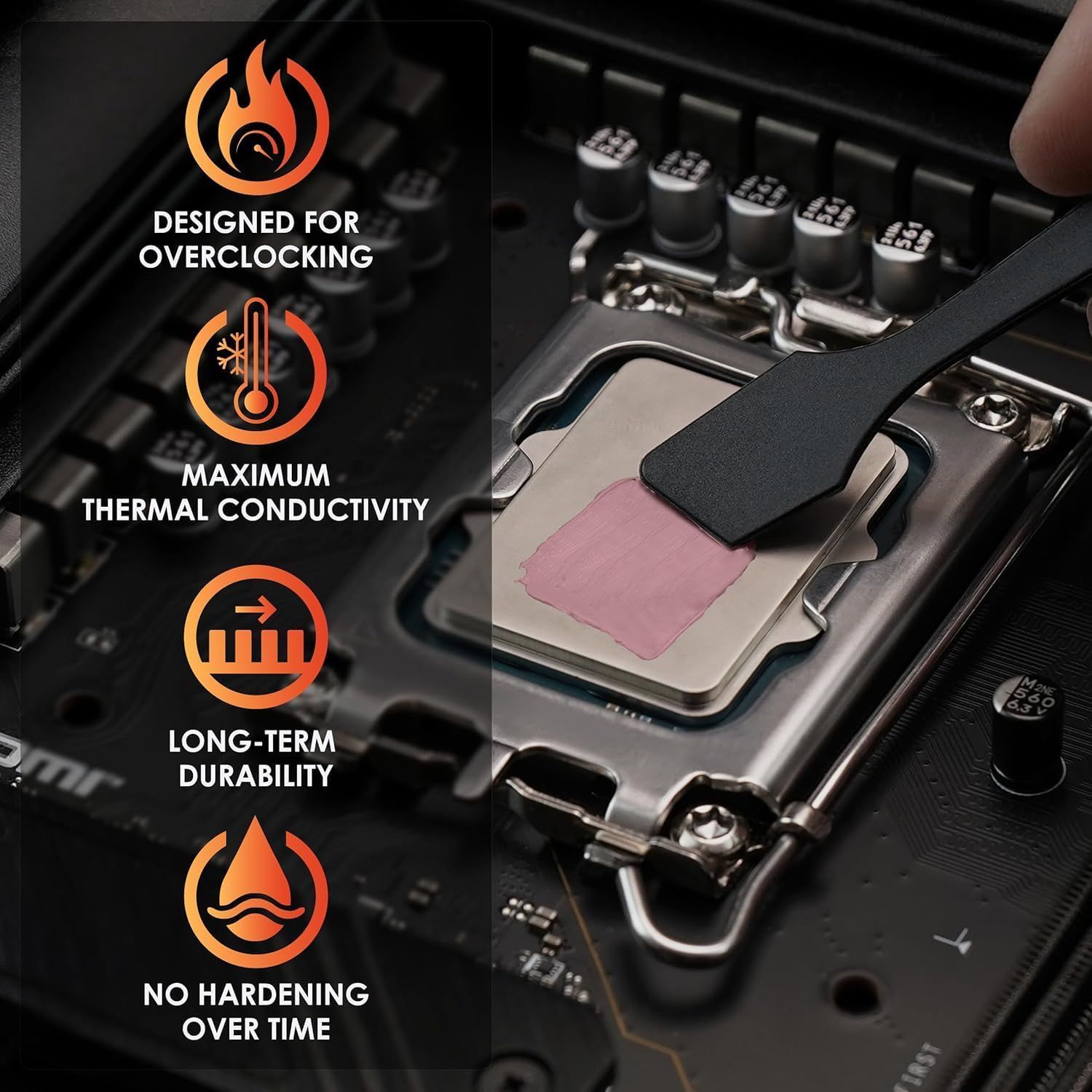 Communicates multiple key benefits of the thermal paste product, including its suitability for overclocking, superior heat transfer, durability, and stability…