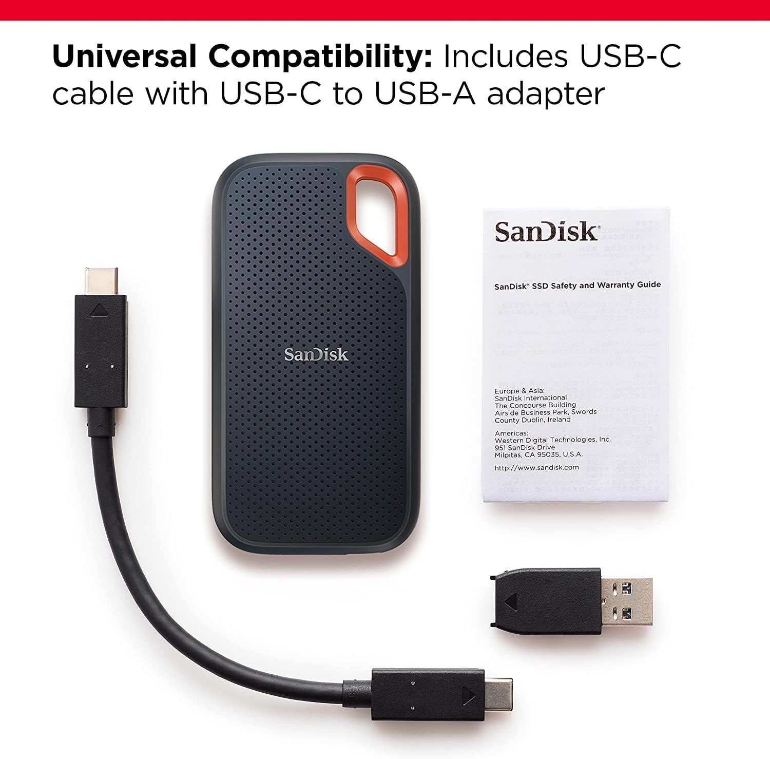 Shows everything included in the package (SSD drive, USB-C cable, USB-A adapter, and warranty guide) to reassure shoppers they have all necessary accessories…