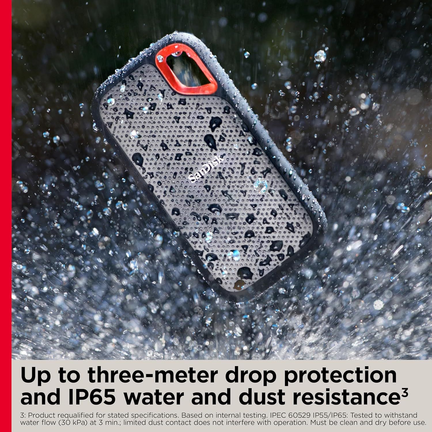 Communicates the protective capabilities of the phone case, reassuring shoppers that it can withstand drops up to three meters and is IP65-rated for water and dust resistance. Highlights the case's…