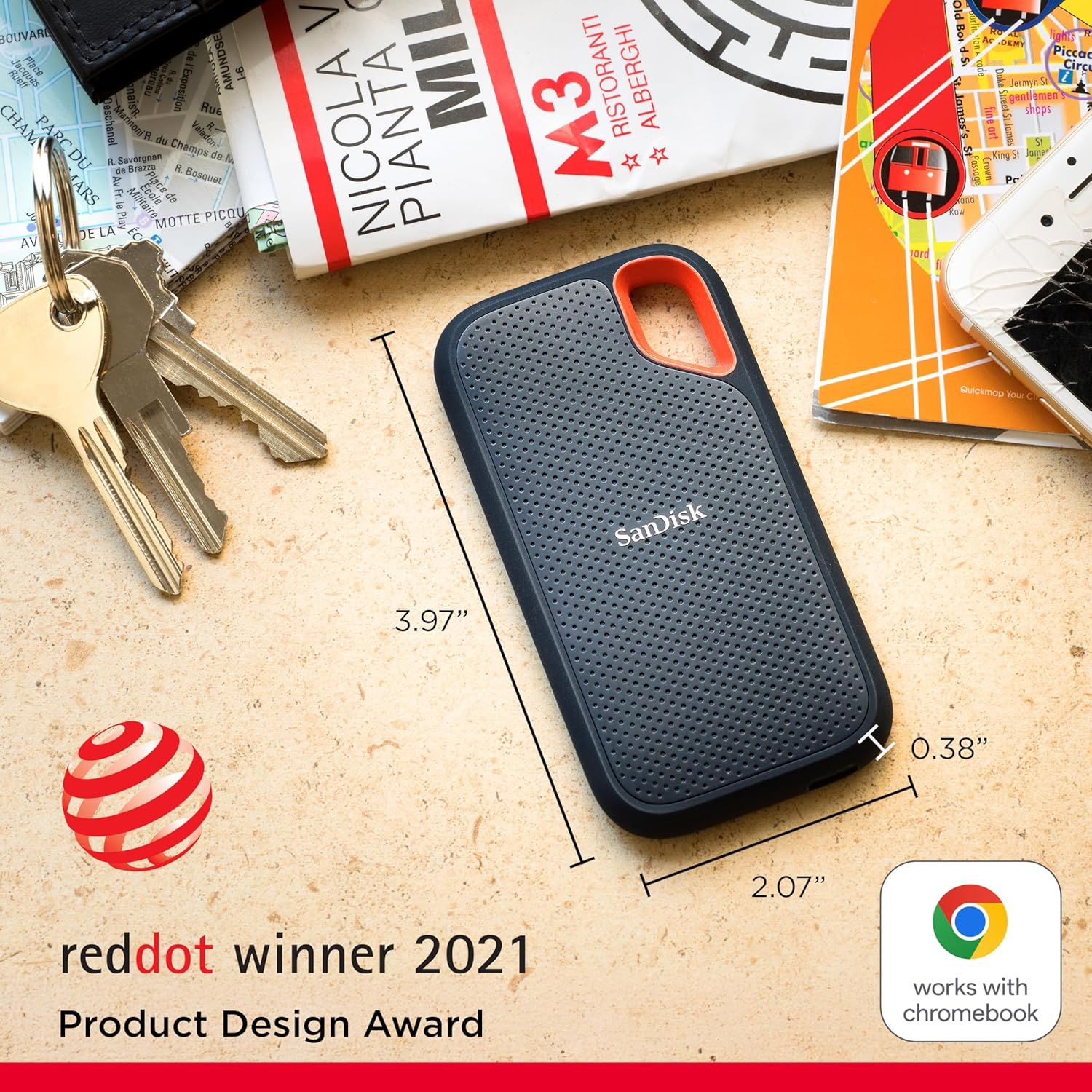 Communicates the physical dimensions of the SanDisk drive (3.97" x 2.07" x 0.38") to help shoppers understand its compact, pocket-friendly size for portability. Highlights the product's Red Dot…