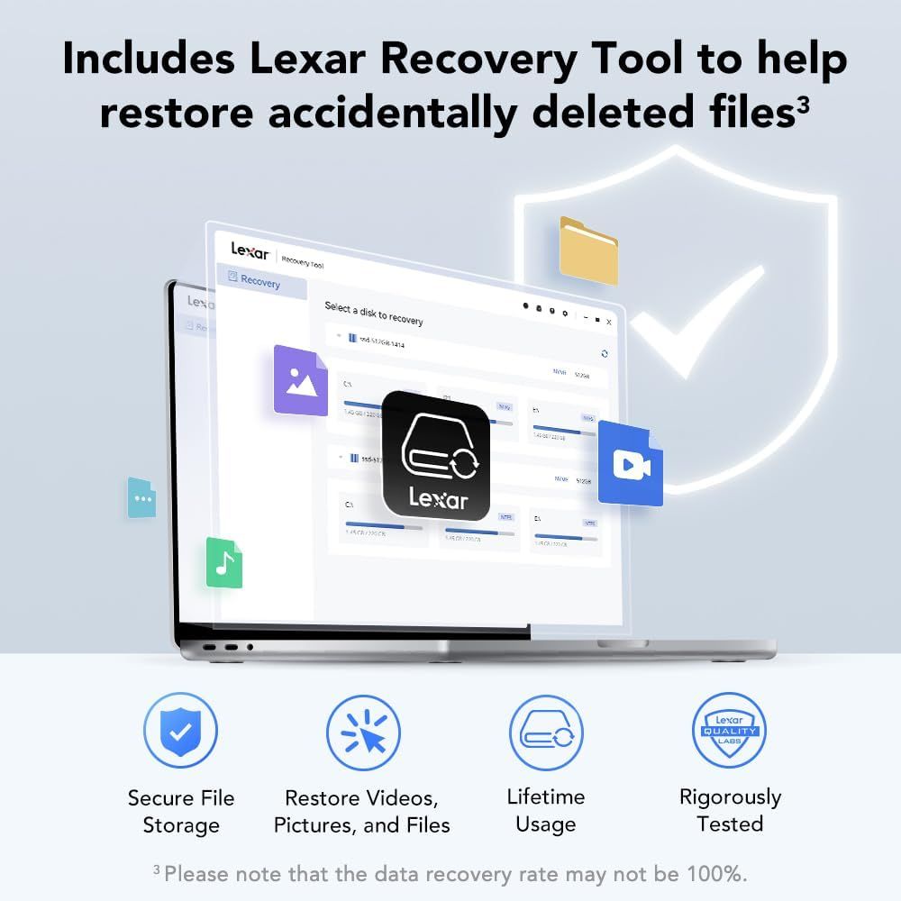 Communicates that the product includes Lexar Recovery Tool software to restore accidentally deleted files, adding value and reassurance to the purchase.…