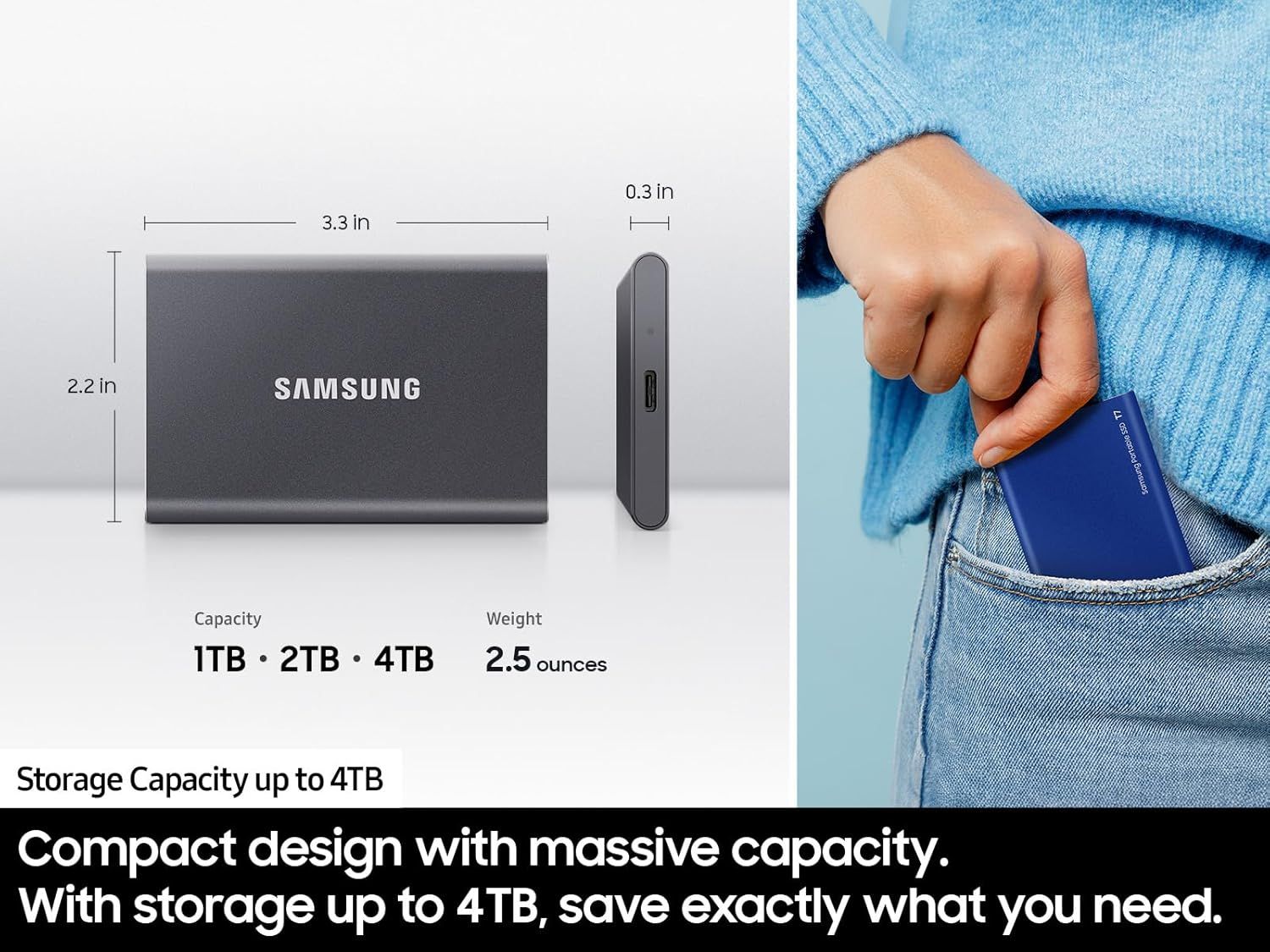 Communicates the physical dimensions and weight of the Samsung portable SSD to show shoppers it is compact and pocket-friendly for portability. Highlights the…