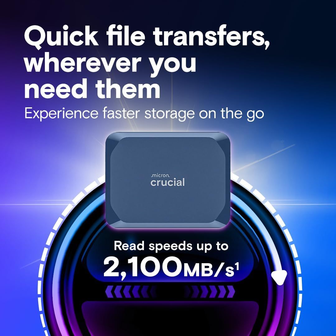 Highlights the product's impressive read speed of 2,100MB/s to communicate fast file transfer performance and reassure shoppers about quick data access on the go. Communicates the core benefit of…