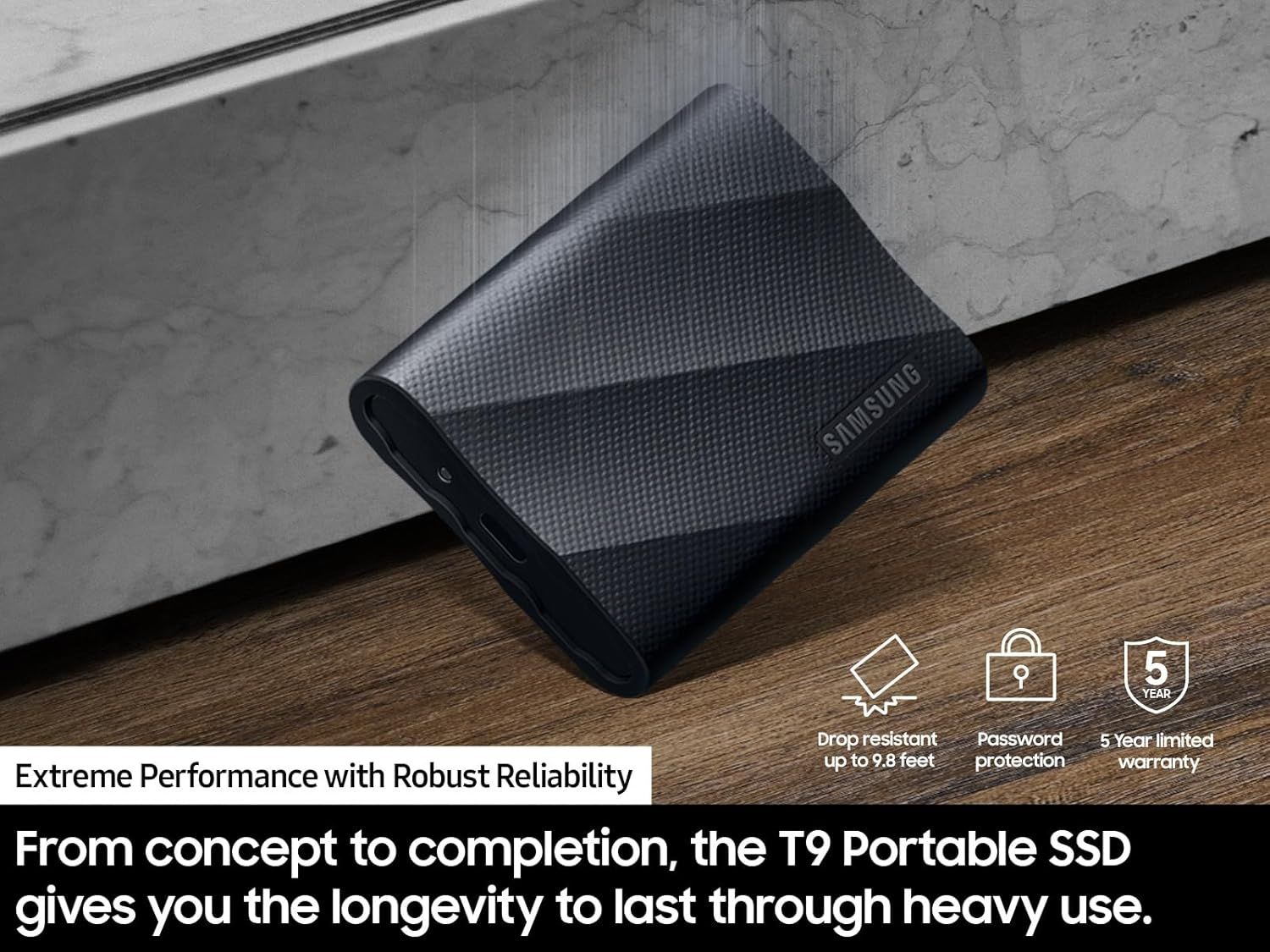 Communicates multiple key benefits of the Samsung T9 Portable SSD including drop resistance, security features, warranty coverage, and long-term reliability…