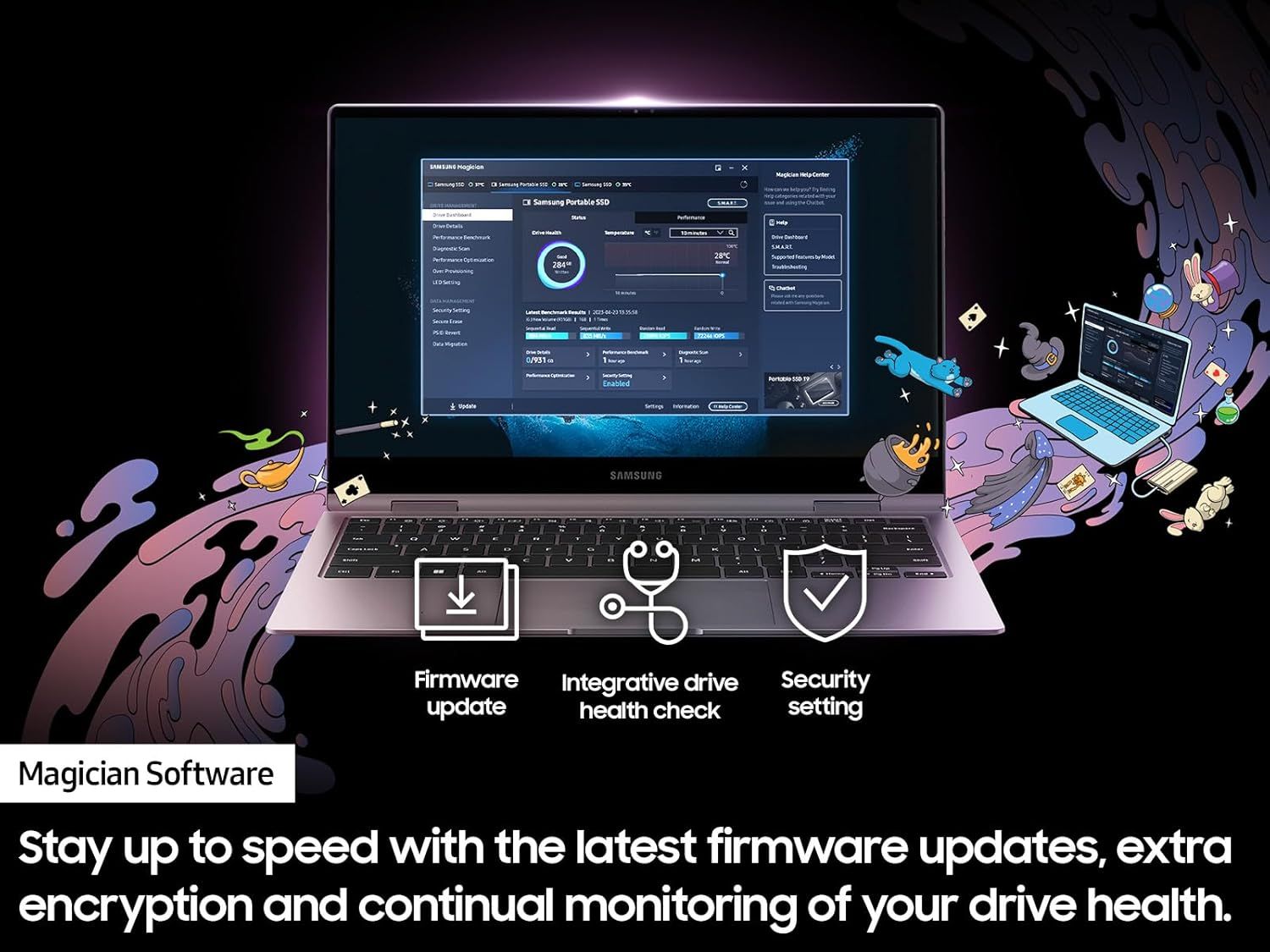 Communicates that the Magician Software provides three distinct benefits: keeping drives up-to-date with firmware updates, monitoring drive health…