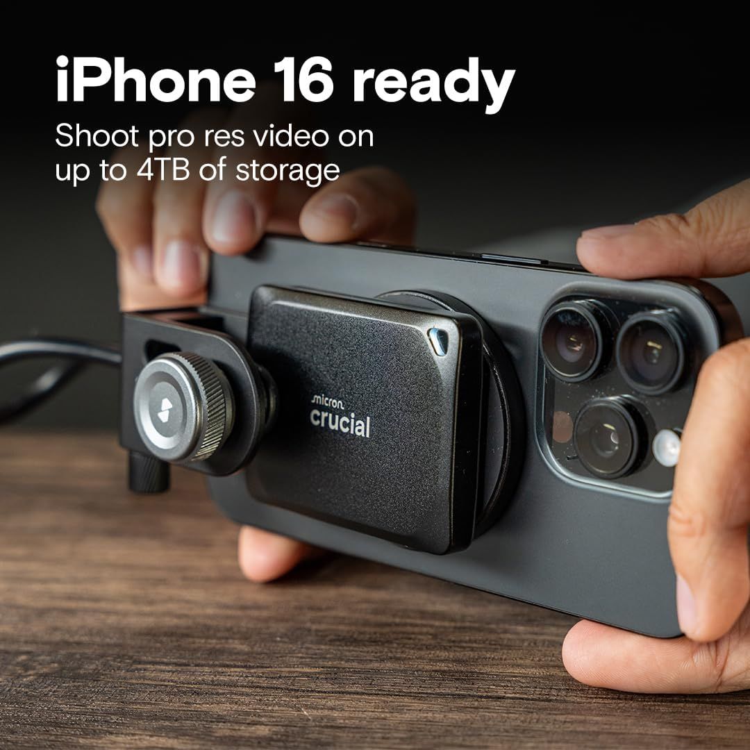 Demonstrates that the Crucial storage device is compatible with iPhone 16 and enables professional video recording with up to 4TB of storage capacity.…