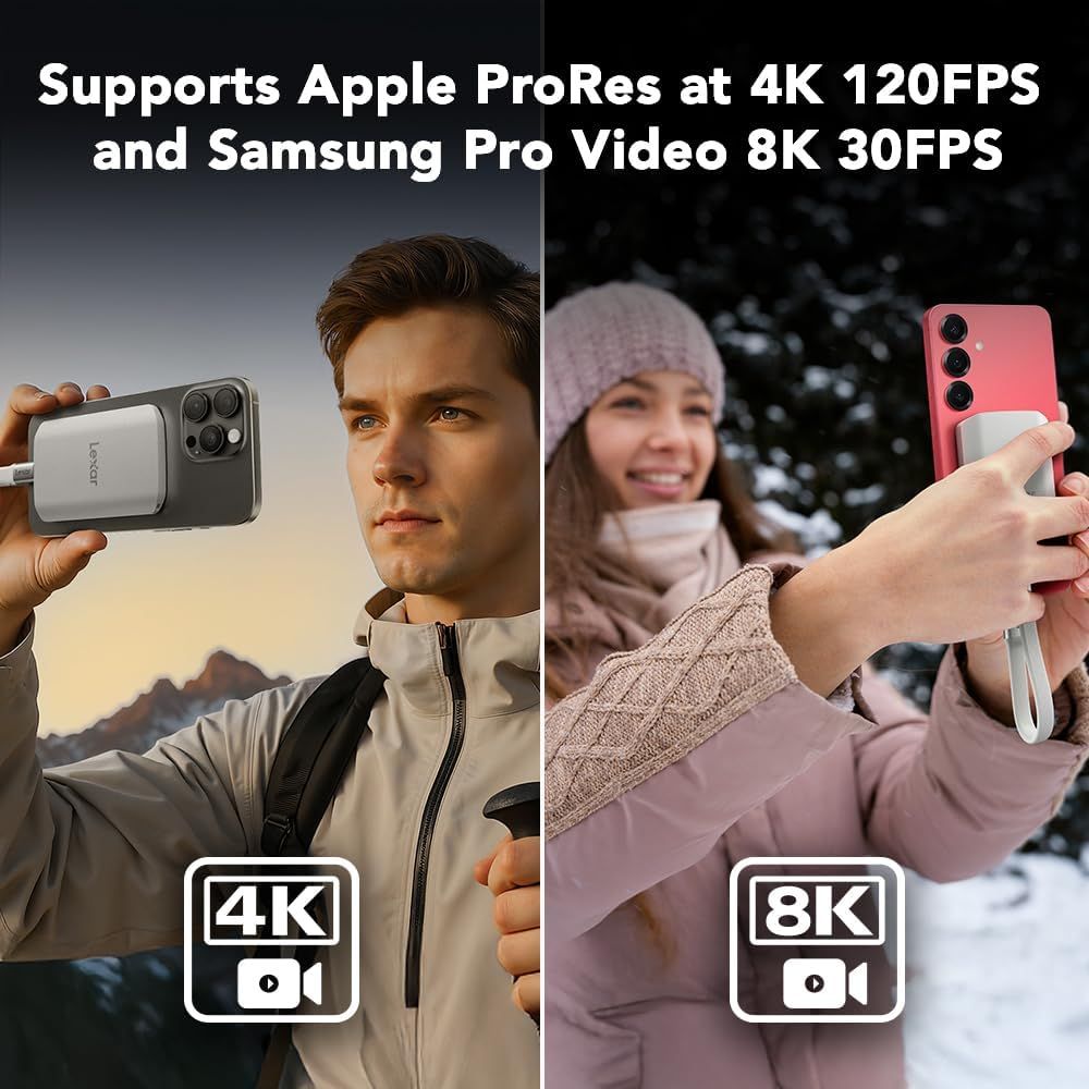 Communicates that the product supports professional-grade video formats from both Apple and Samsung devices, reassuring shoppers that it's compatible with high-end smartphone video recording…