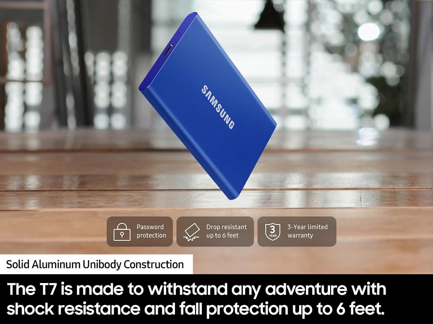 Communicates multiple key benefits of the Samsung T7 portable SSD including security, durability, warranty coverage, and premium build quality to reassure…