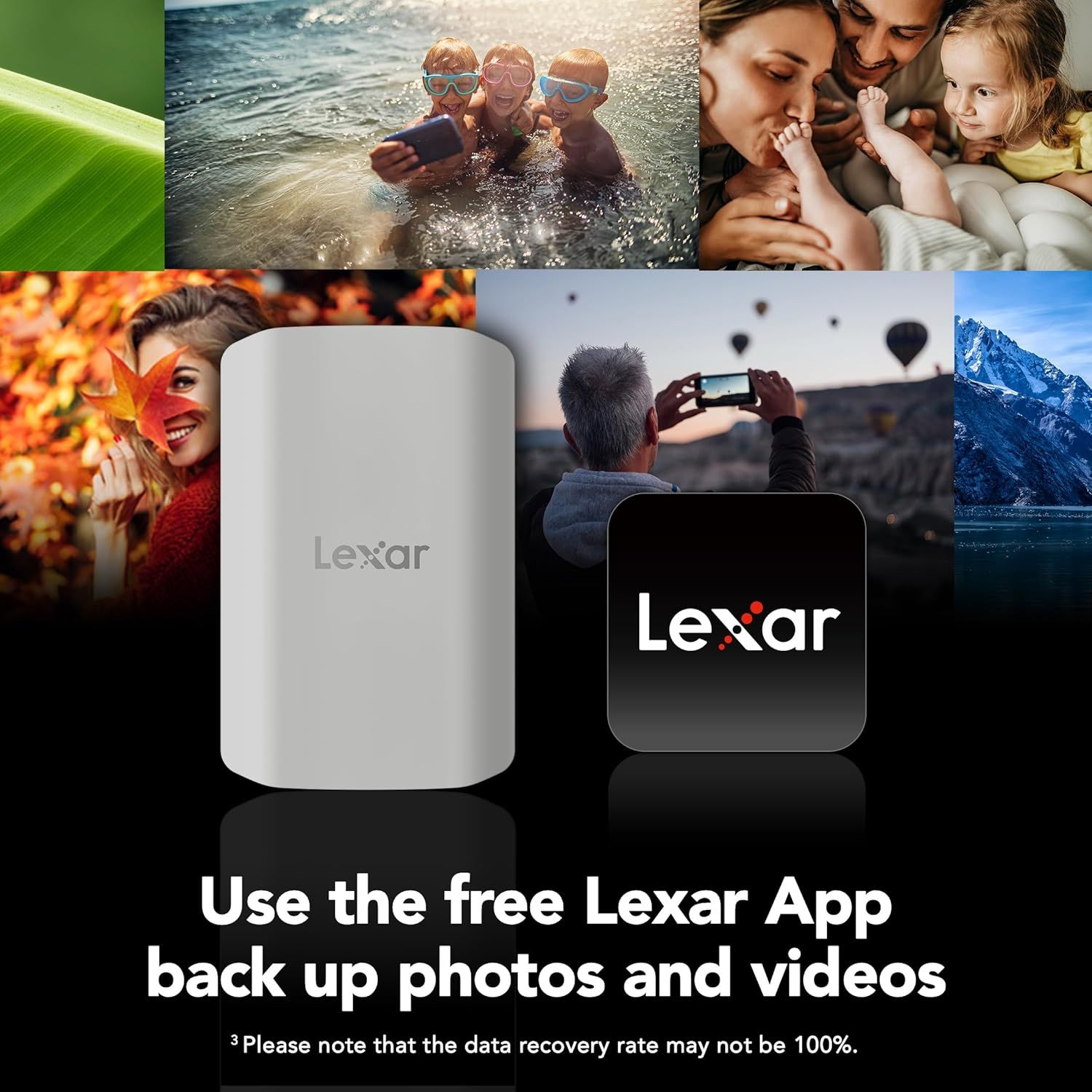Demonstrates the product's versatility by showing multiple real-life scenarios where users would want to back up their photos and videos—family time, travel, outdoor adventures, and special moments.…
