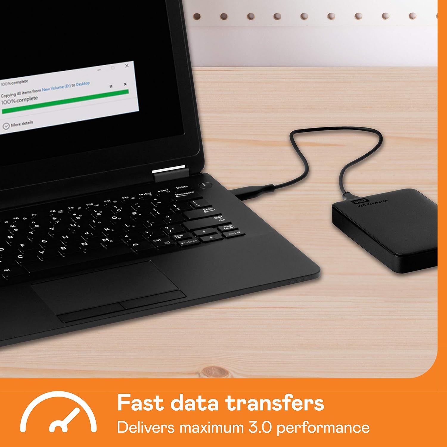 Communicates the product's fast data transfer capability with USB 3.0 performance to reassure shoppers about speed and efficiency when backing up or transferring files. Highlights the key benefit of…