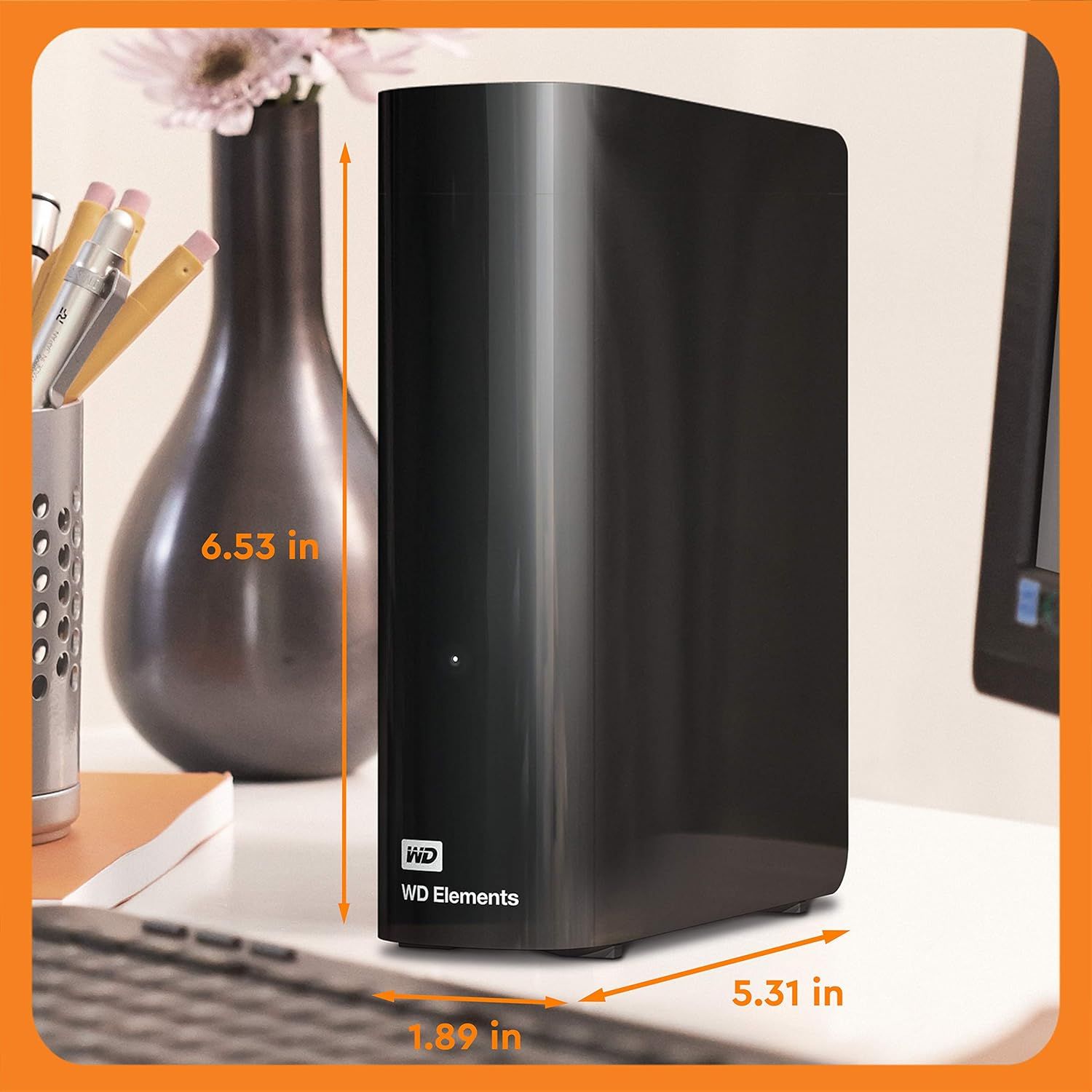 Communicates the exact physical size of the external hard drive (6.53 x 5.31 x 1.89 inches) to help shoppers understand how much desk space it will occupy and…