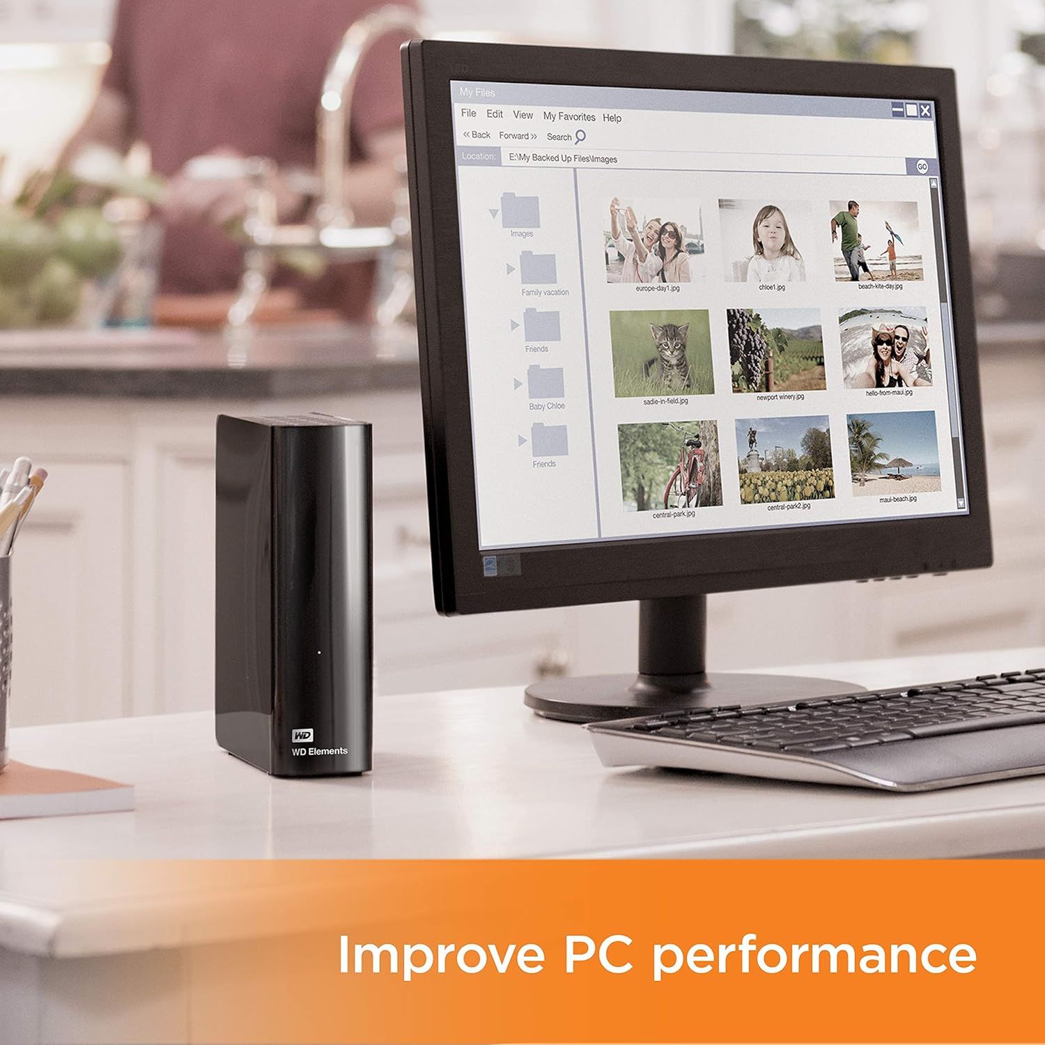 Communicates that the external hard drive improves computer performance by offloading storage, allowing the PC to run faster and more efficiently.