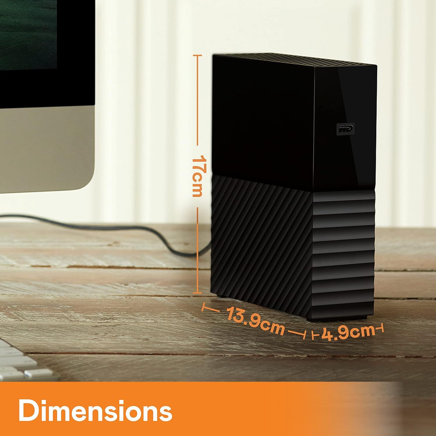 Communicates the exact physical size of the external hard drive (17cm height, 15.9cm width, 4.9cm depth) to help shoppers understand how much desk space it…