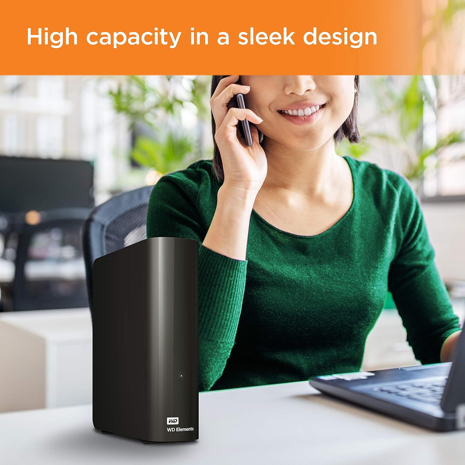 Communicates that the external hard drive offers high storage capacity while maintaining an attractive, modern design suitable for professional environments.