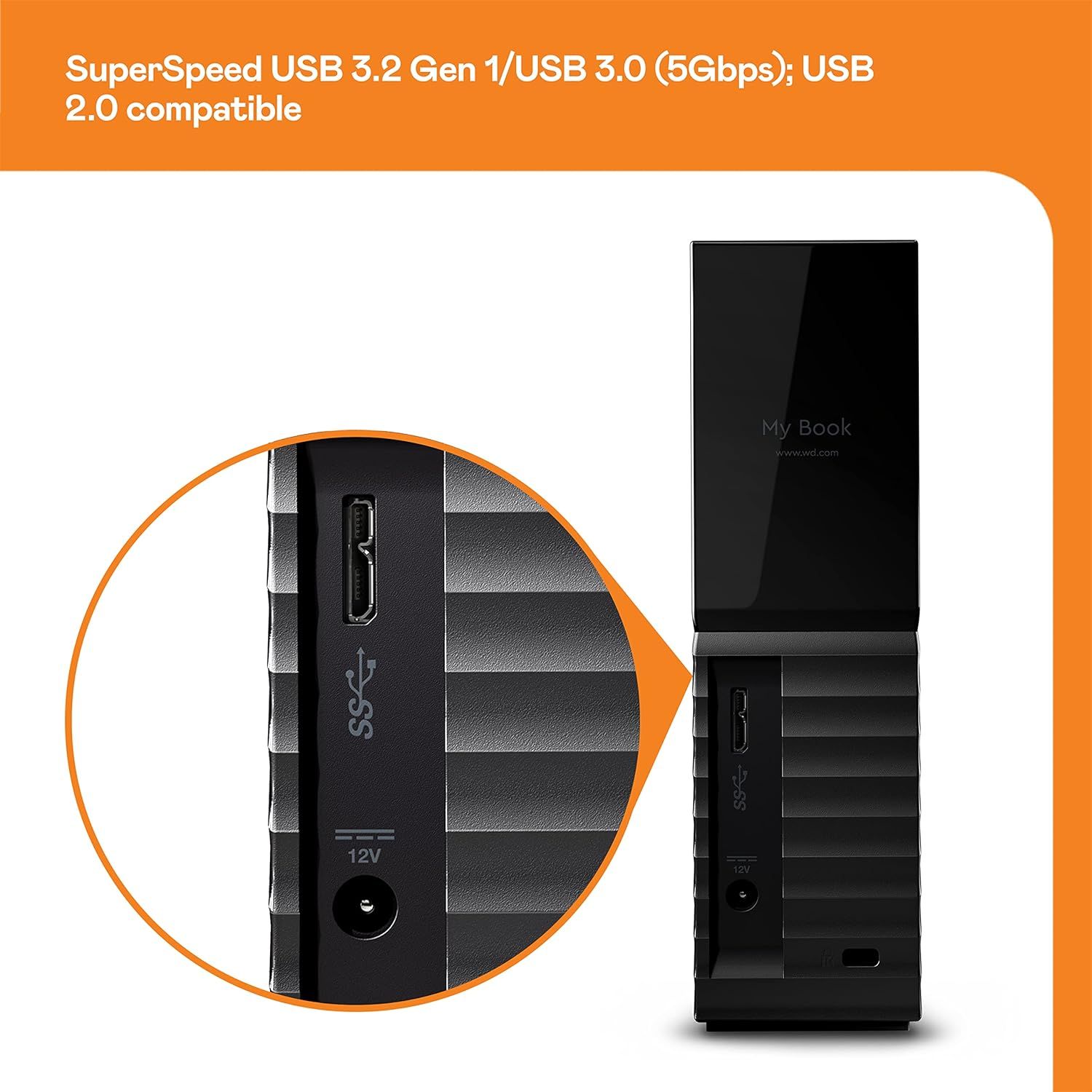 Highlights the physical ports and connectivity options on the external hard drive, showing shoppers the SuperSpeed USB 3.2 Gen 1/USB 3.0 (5Gbps) port and USB 2.0 compatibility to communicate fast…
