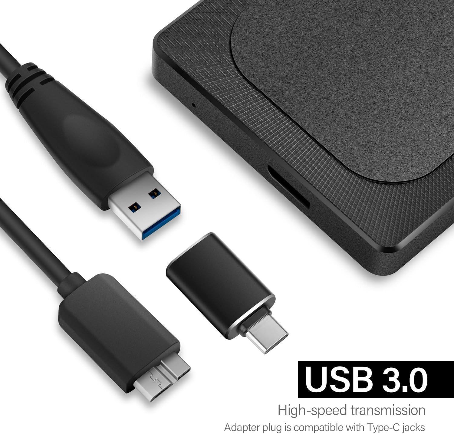 Demonstrates the product's compatibility with multiple USB connection types (USB 3.0, Micro-USB, Type-C) to reassure shoppers that it works with their…