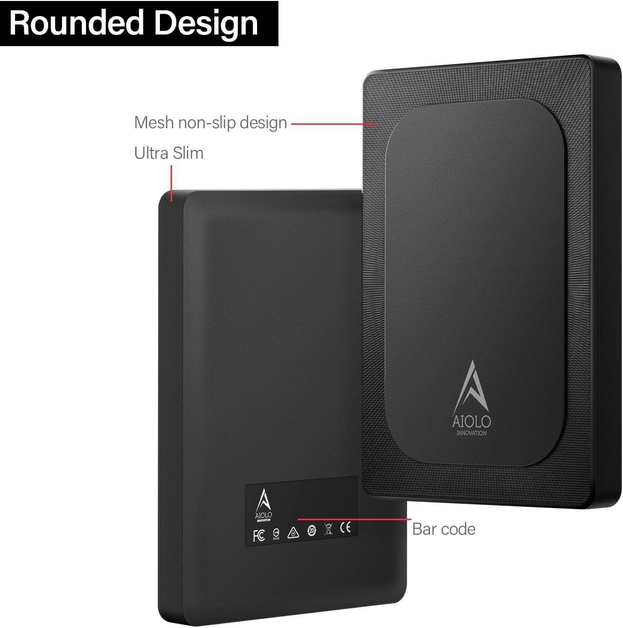 This image breaks down the physical design features of the external hard drive, highlighting its rounded design, mesh non-slip surface, and ultra-slim profile…