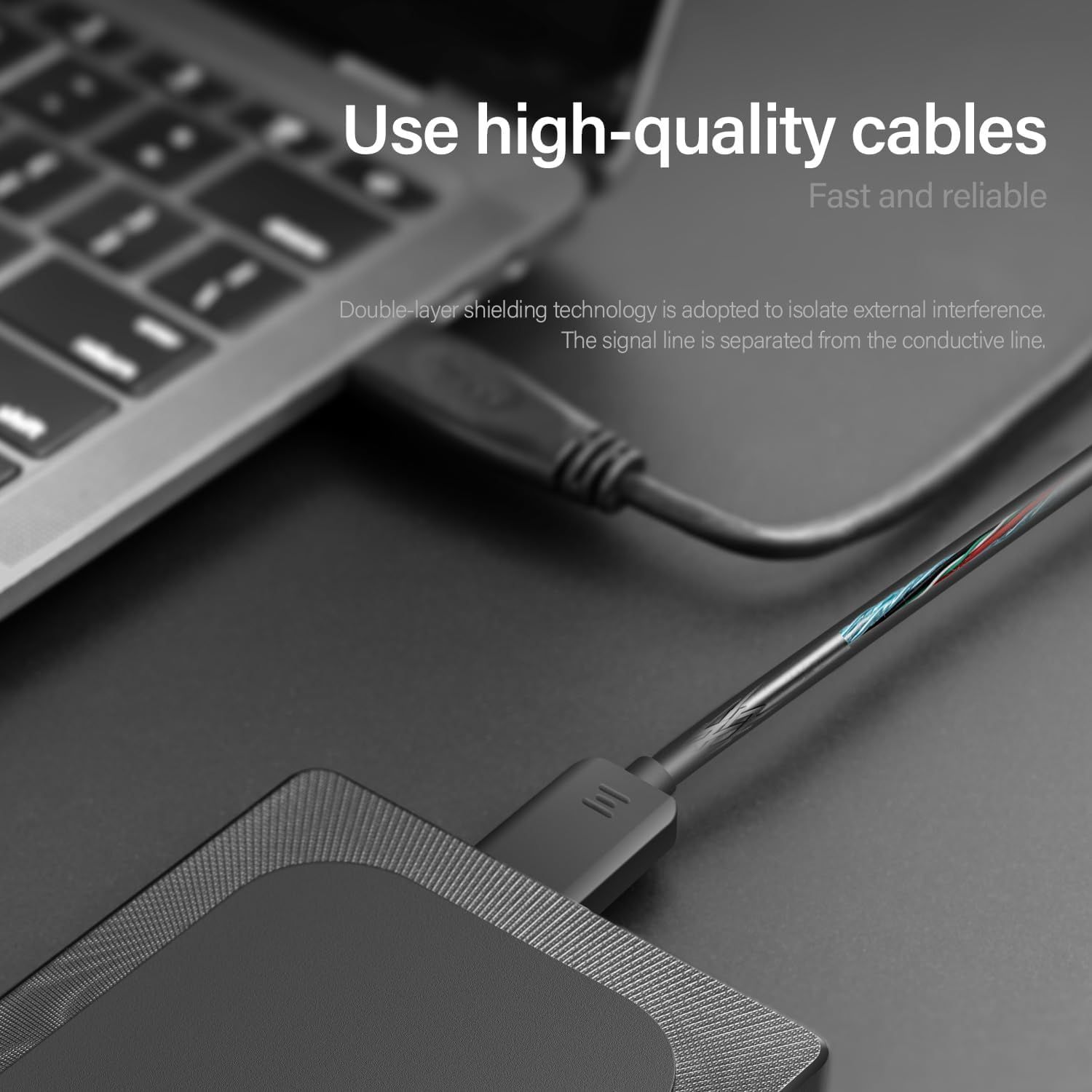 Highlights the internal construction and technical features of the cable, specifically the double-layer shielding technology that isolates external…