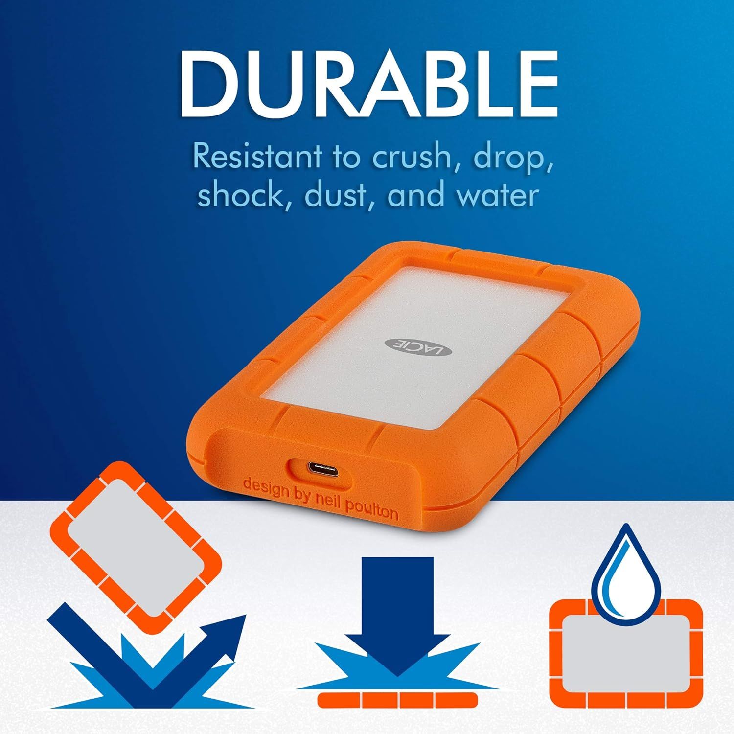 Communicates the rugged hard drive's comprehensive durability across multiple protection dimensions to reassure shoppers it can withstand harsh conditions and…