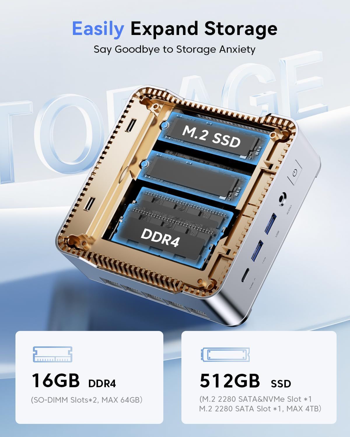 Shows the internal structure and storage expansion capabilities of the device, highlighting the M.2 SSD and DDR4 memory slots to communicate upgradability and…