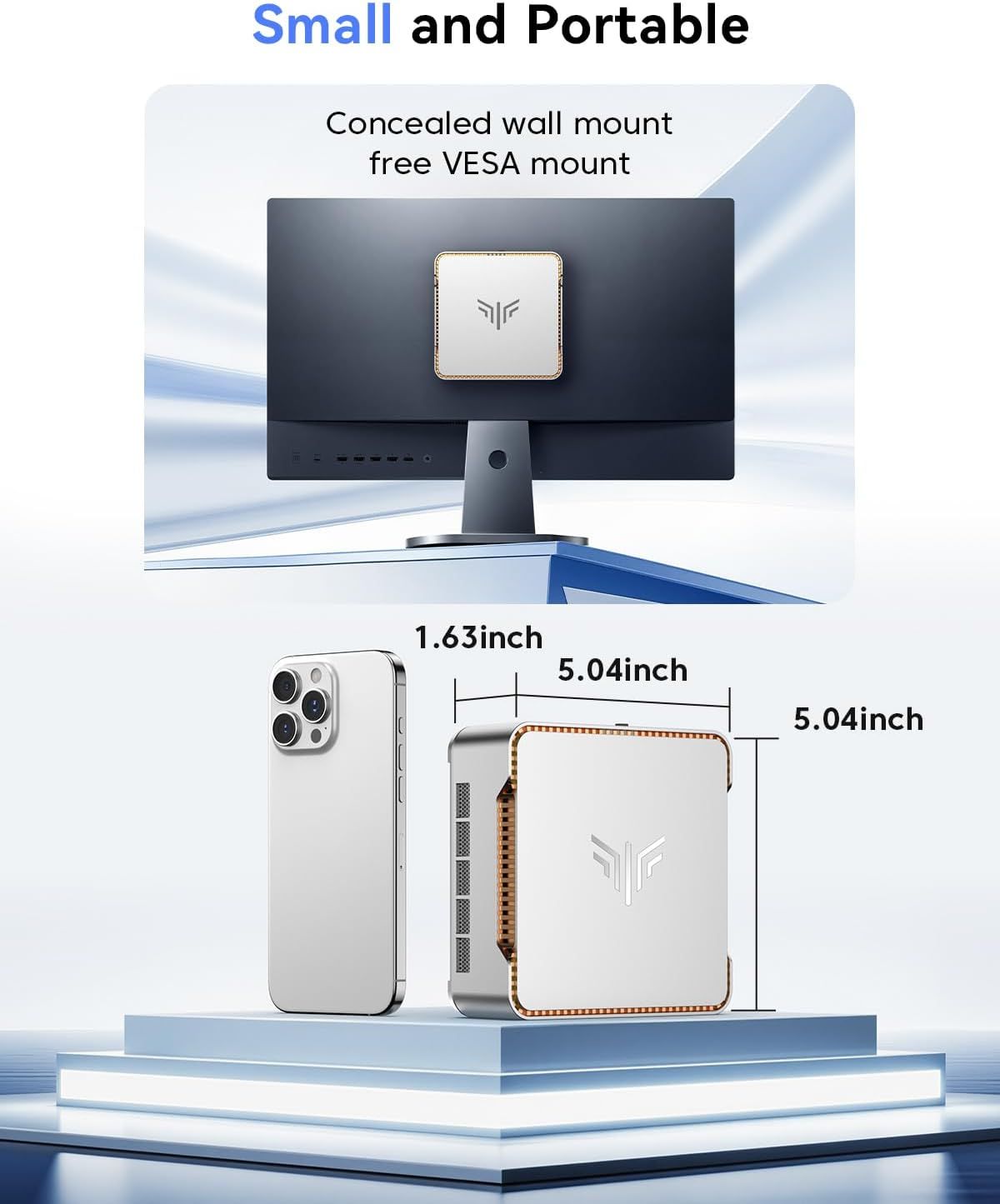 Communicates the product's small, portable physical dimensions (5.04 x 5.04 x 1.63 inches) using exact measurements and a smartphone for scale, reassuring shoppers that it's space-efficient and easy…