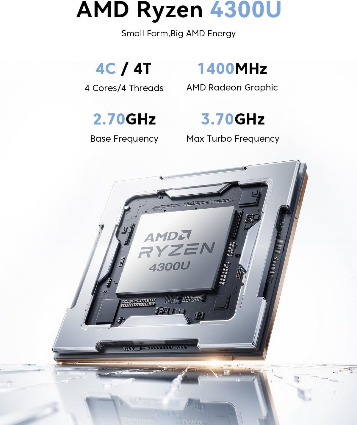 Communicates the technical specifications and performance capabilities of the AMD Ryzen 4300U processor to inform shoppers about its computing power and…