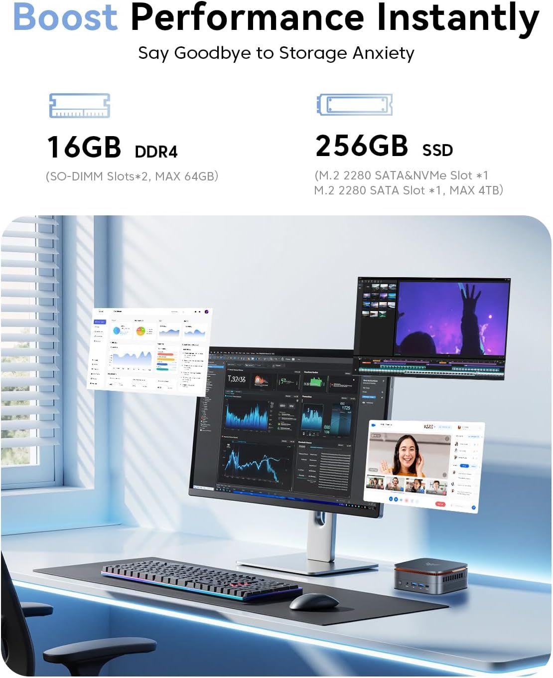 Communicates the product's high-performance specifications (RAM and storage capacity) to reassure shoppers that it can handle demanding multitasking,…