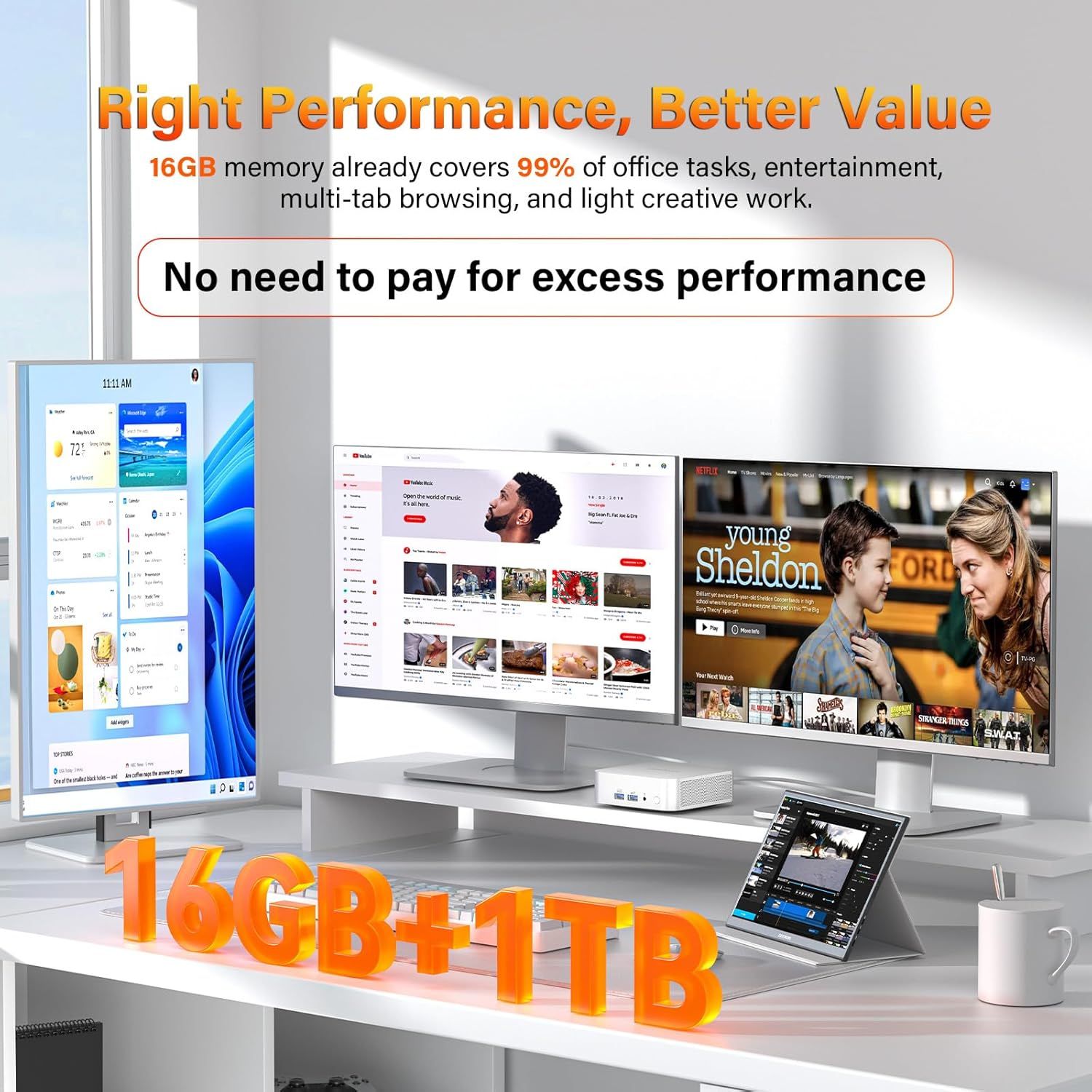 Communicates that 16GB memory is sufficient for 99% of typical computing tasks, positioning the product as offering the right performance without unnecessary…