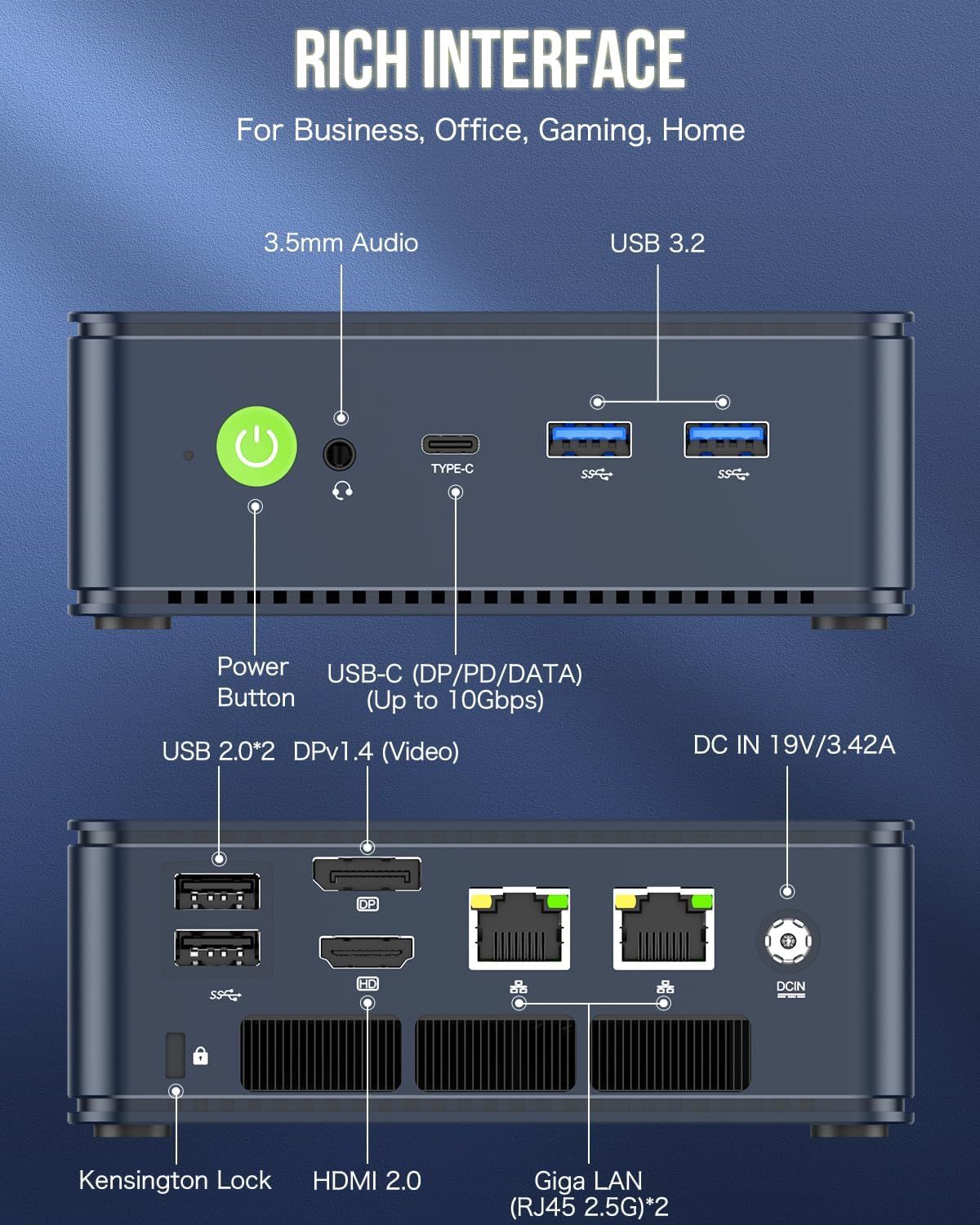 This image breaks down all the physical ports and connection points on the device, helping shoppers understand the full connectivity options available for…
