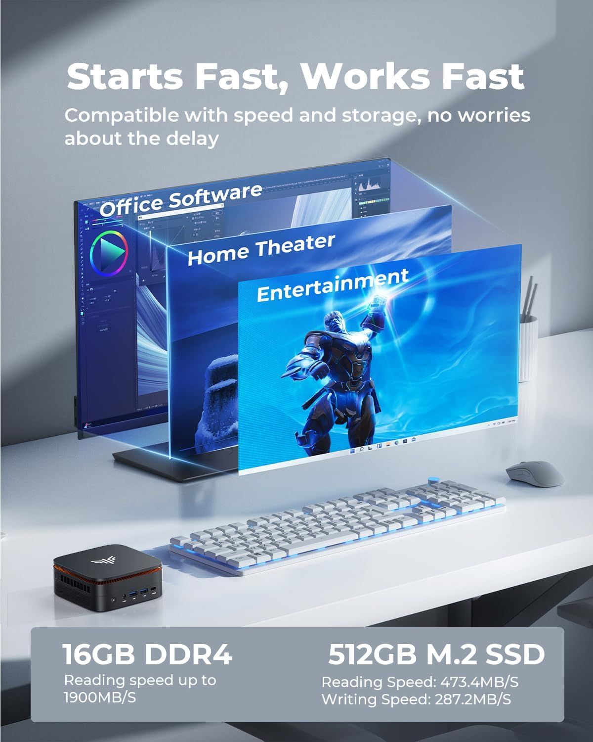 Demonstrates the product's versatility across multiple use cases including office work, home theater, and entertainment/gaming to show shoppers the wide range…