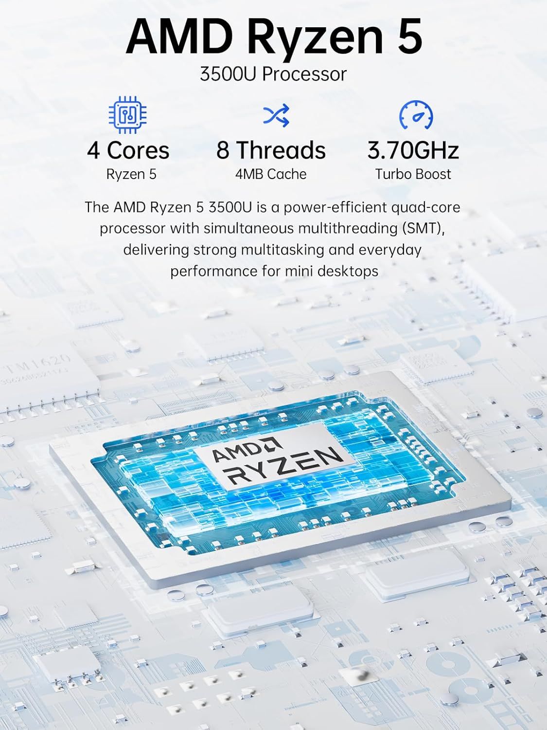 Communicates the key technical specifications and performance benefits of the AMD Ryzen 5 3500U processor, emphasizing its multitasking capability,…