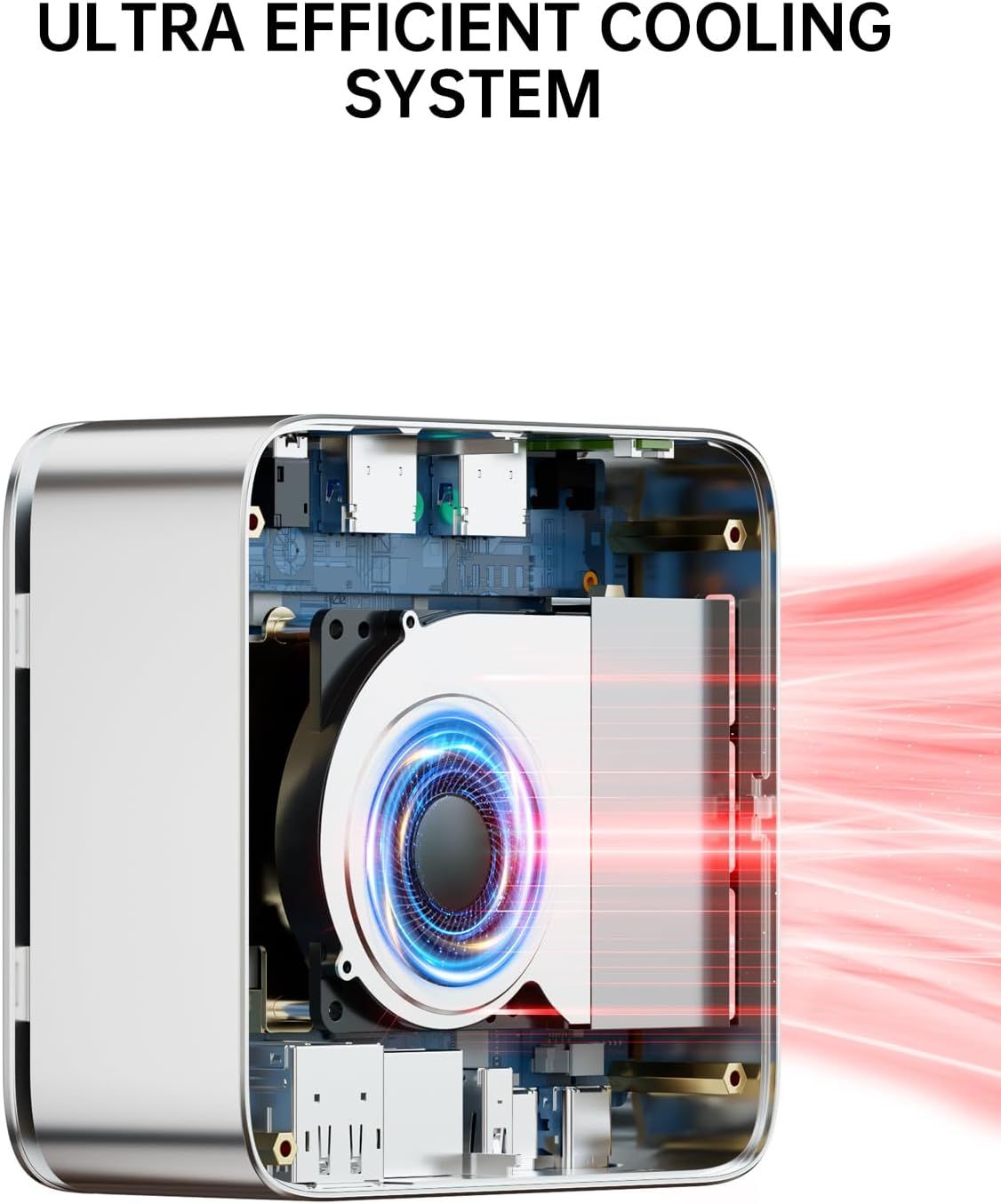 This cutaway view reveals the internal cooling fan and heat dissipation system to demonstrate the advanced engineering and efficient cooling technology inside the device. Communicates the primary…