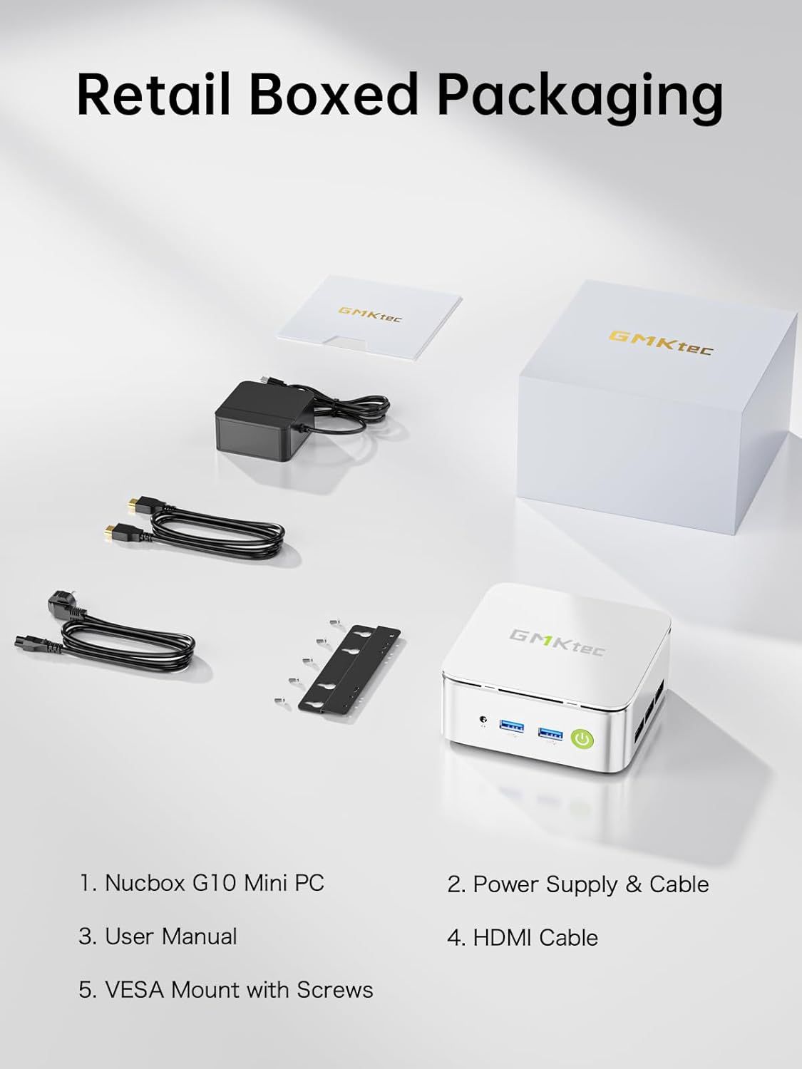 Shows the customer everything included in the box when they purchase the Nucbox G10 Mini PC, providing transparency and reassurance about what they will receive.