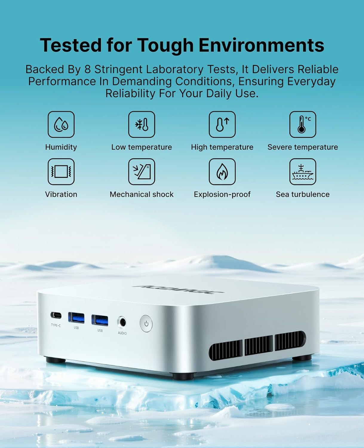 Communicates that the product has been rigorously tested across 8 different demanding environmental conditions (humidity, temperature extremes, vibration,…