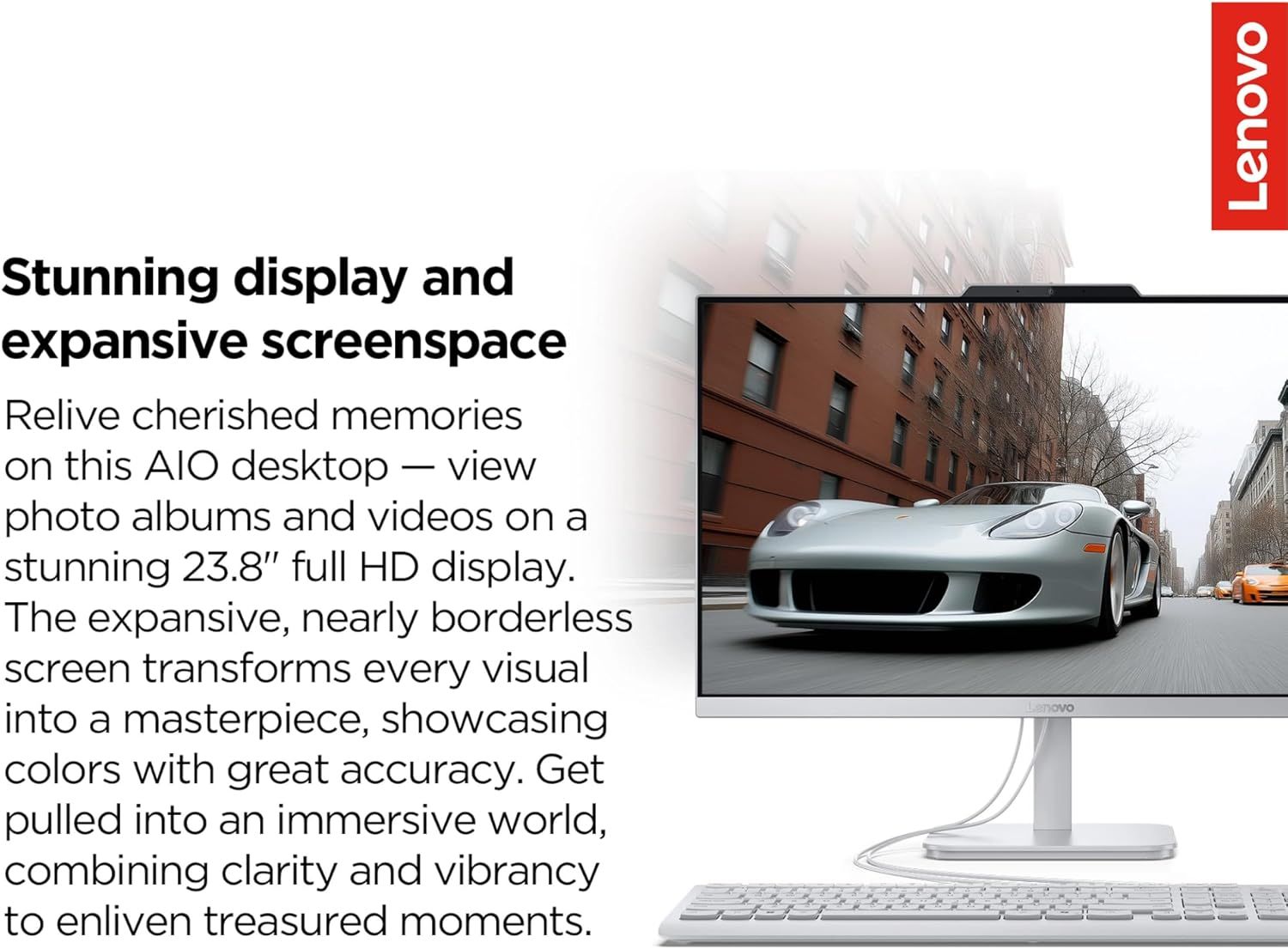 Highlights the AIO desktop's impressive display quality and expansive screen size to communicate an immersive viewing experience for photos and videos.