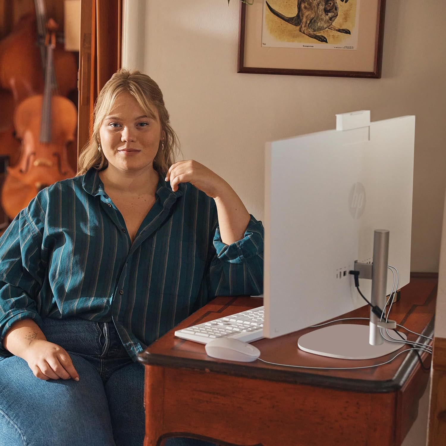 Demonstrates the product in a real-world home office environment to help shoppers visualize how it fits into their daily life and workspace.