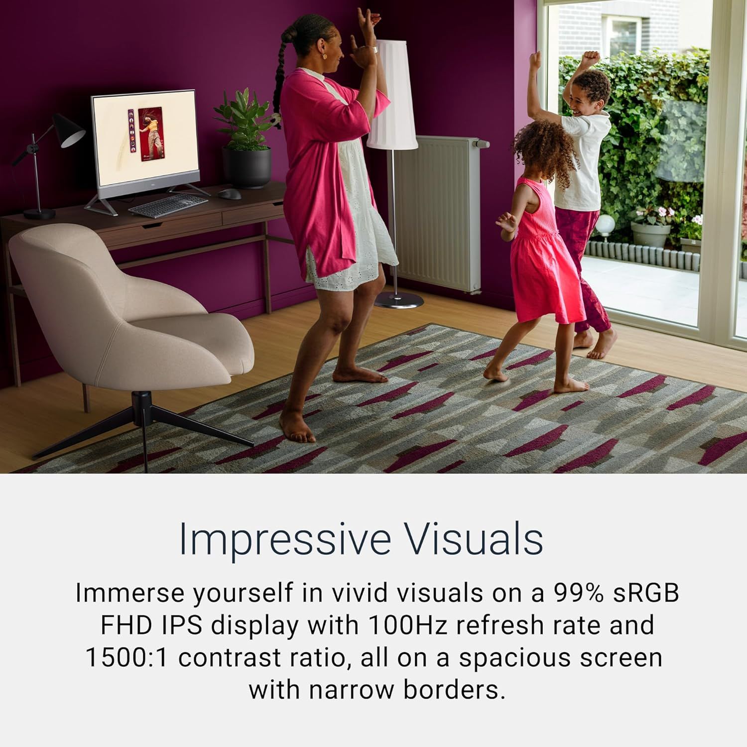 Highlights the monitor's impressive display quality with specific technical specs (99% sRGB FHD IPS, 100Hz refresh rate, 1500:1 contrast ratio) to communicate superior visual performance and…