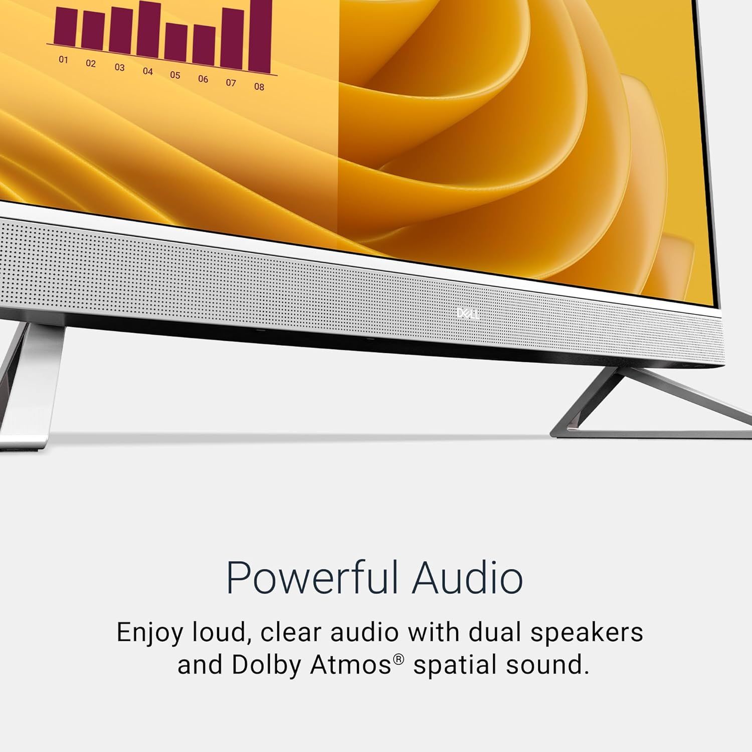 Highlights the product's superior audio capabilities with dual speakers and Dolby Atmos spatial sound to reassure shoppers of high-quality sound performance.