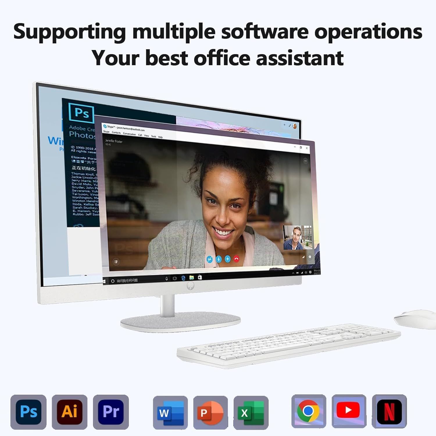 Demonstrates the product's ability to support multiple software applications simultaneously, positioning it as a versatile office assistant for productivity…