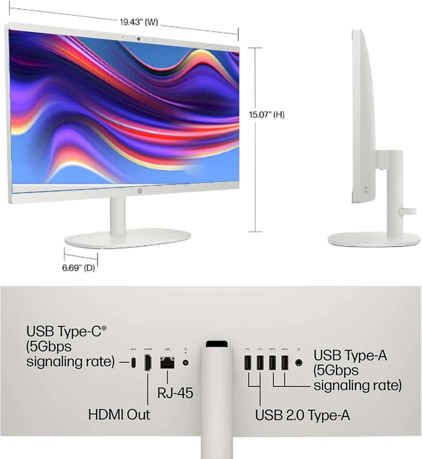 Communicates the exact physical dimensions of the monitor (width, height, depth) to help shoppers understand the product's size and footprint before purchase. Shows the specific ports and…