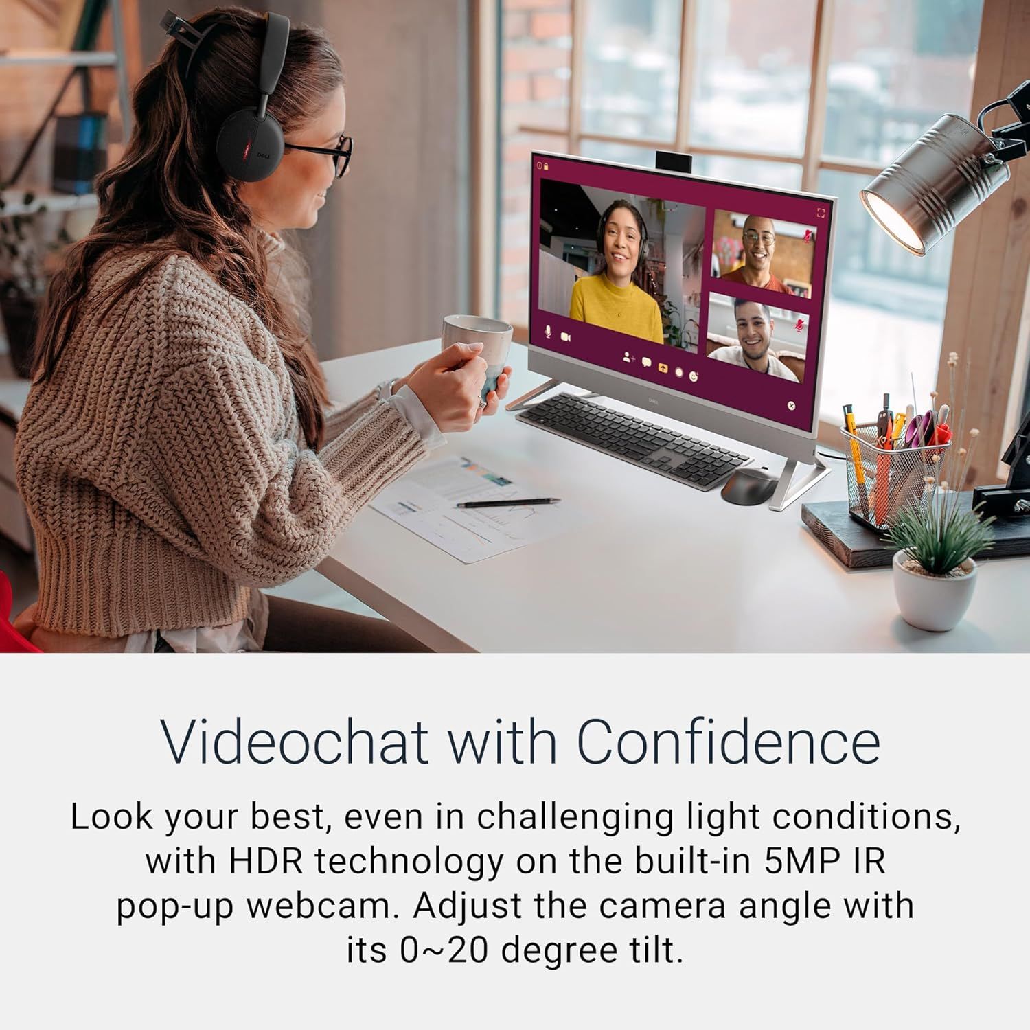 Communicates that the built-in webcam delivers high-quality video with HDR technology and adjustable tilt, ensuring users look their best during video calls even in challenging lighting conditions.