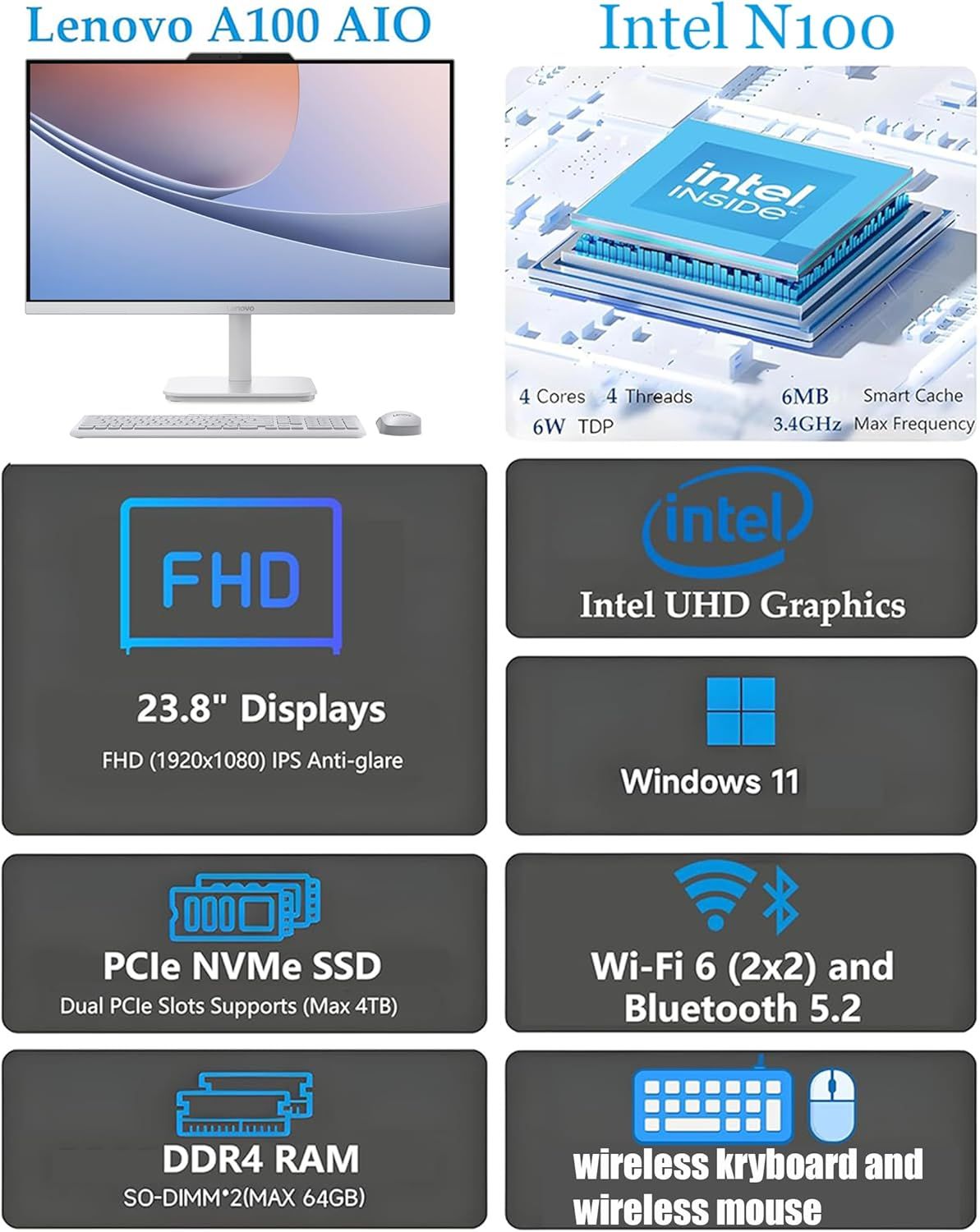 This image showcases multiple technical specifications and features of the Lenovo A100 AIO computer in a segmented grid layout, helping shoppers quickly…